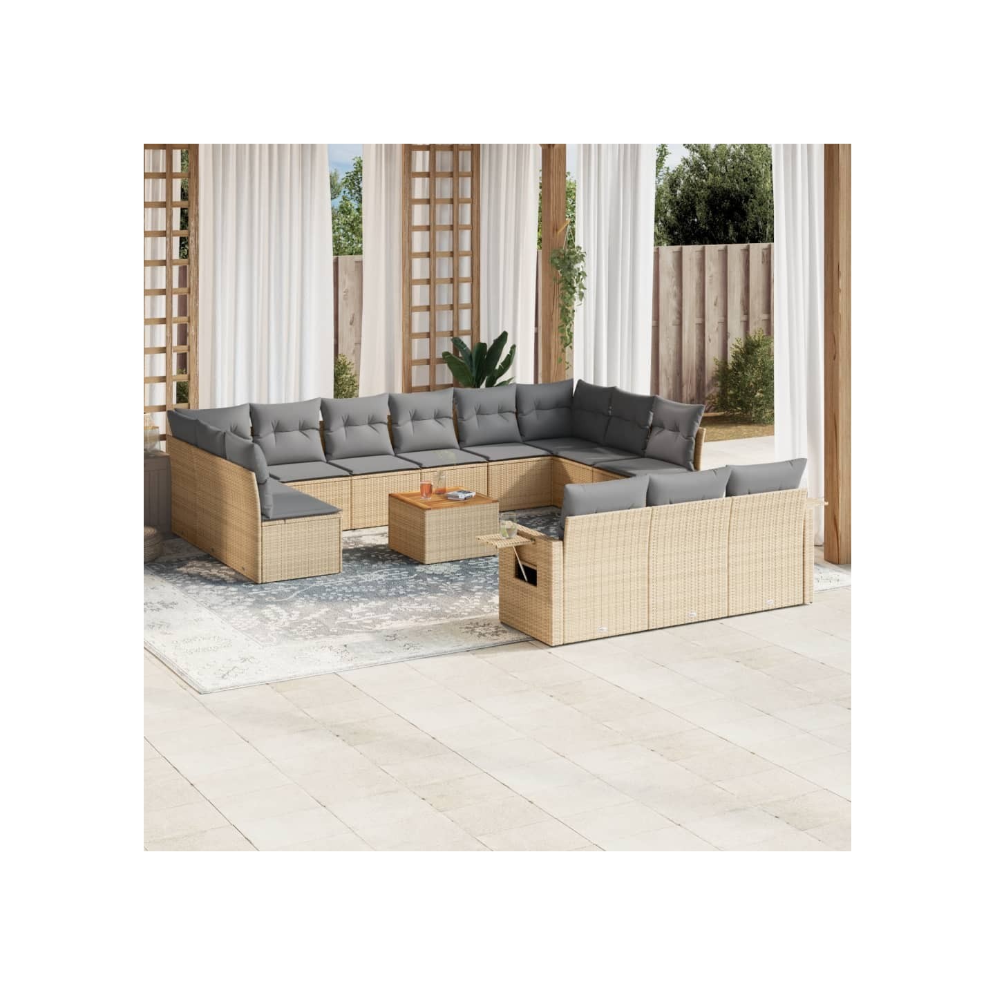 Salon de jardin avec coussins 14 pcs beige résine tressée