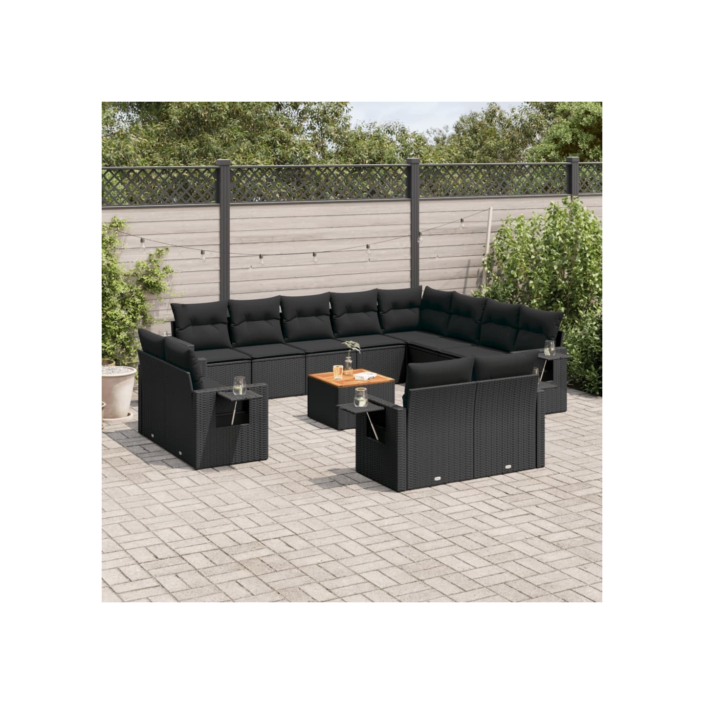 Salon de jardin avec coussins 13 pcs noir résine tressée