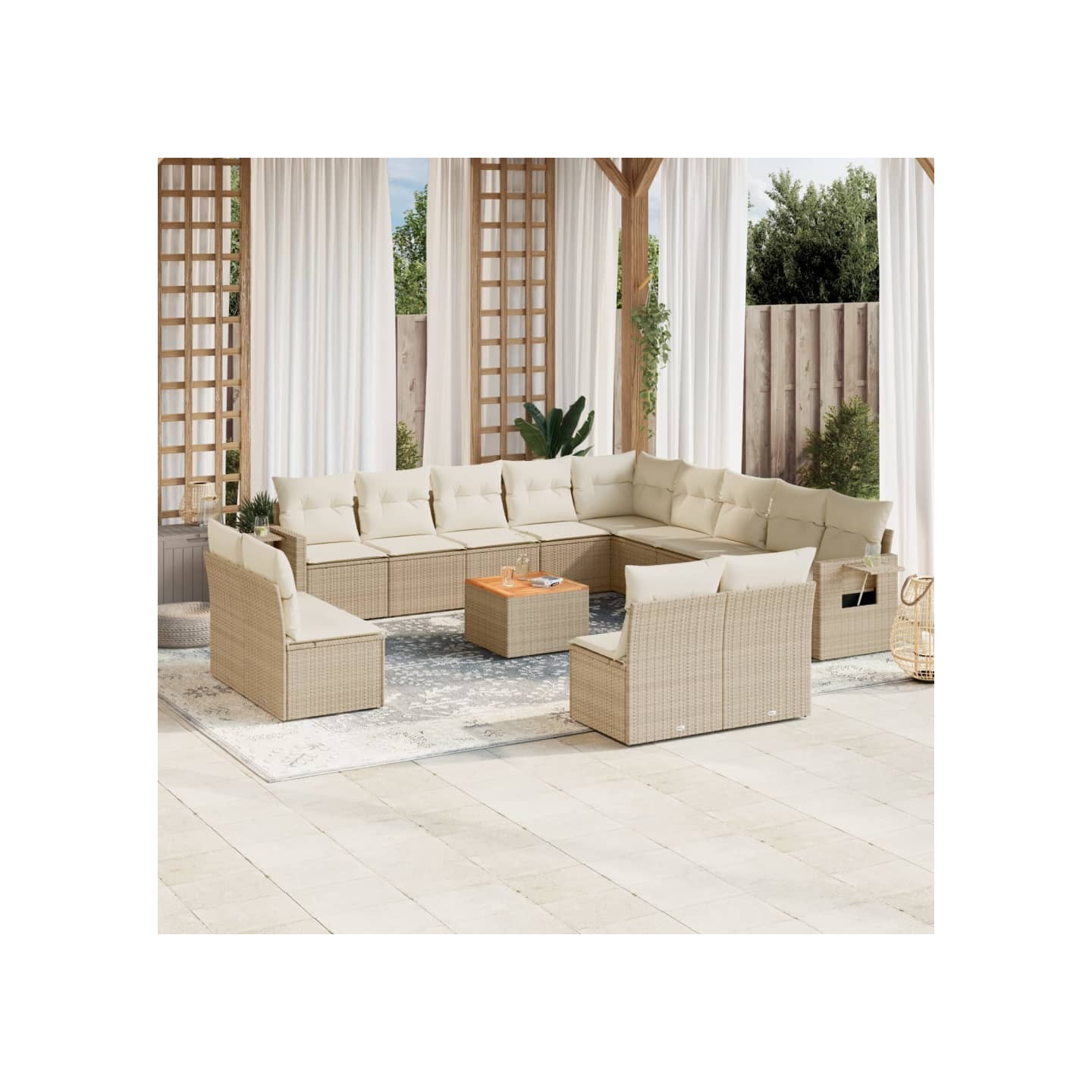 Salon de jardin avec coussins 14 pcs beige résine tressée