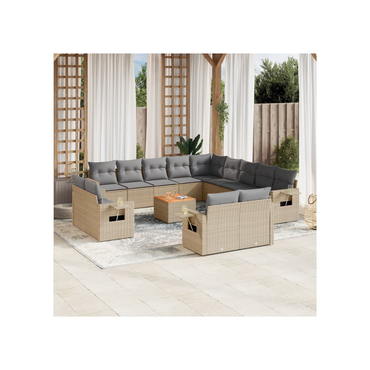 Salon de jardin avec coussins 14 pcs beige résine tressée