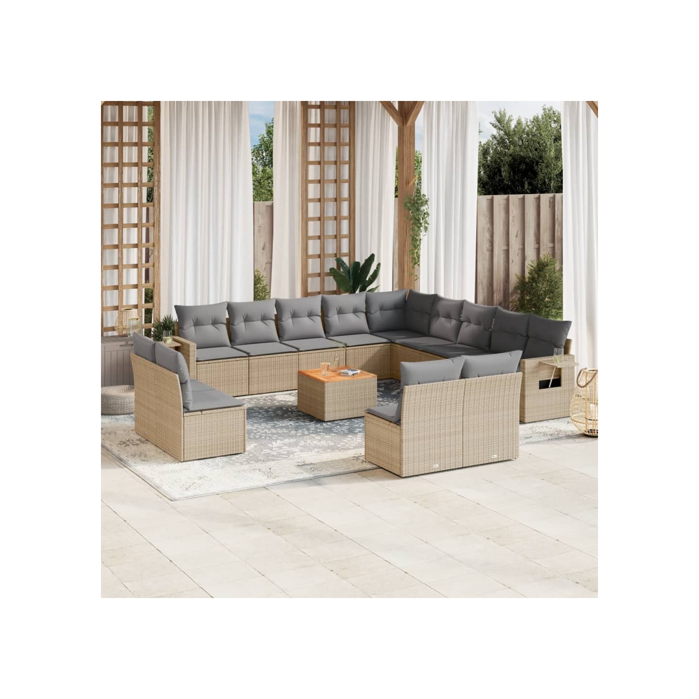 Salon de jardin avec coussins 14 pcs beige résine tressée