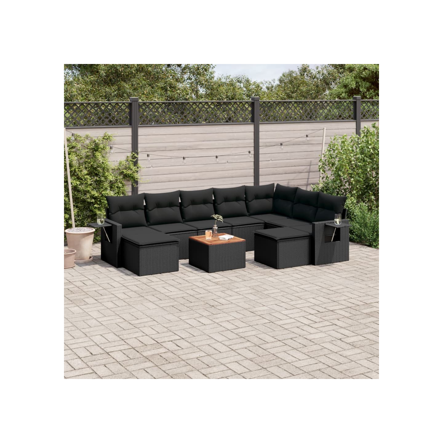 Salon de jardin 10 pcs avec coussins noir résine tressée