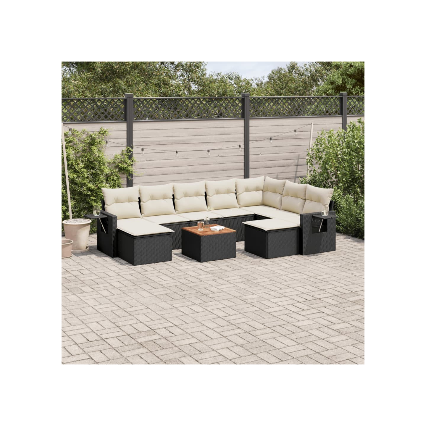 Salon de jardin 10 pcs avec coussins noir résine tressée