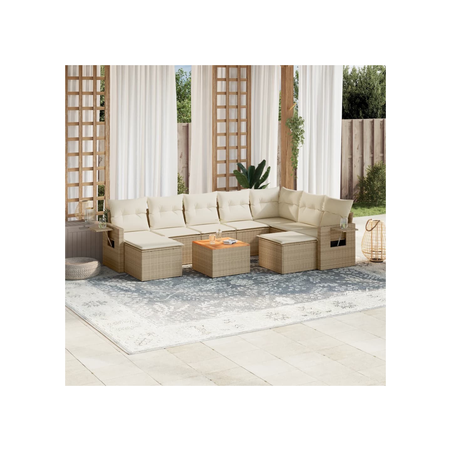 Salon de jardin avec coussins 10 pcs beige résine tressée