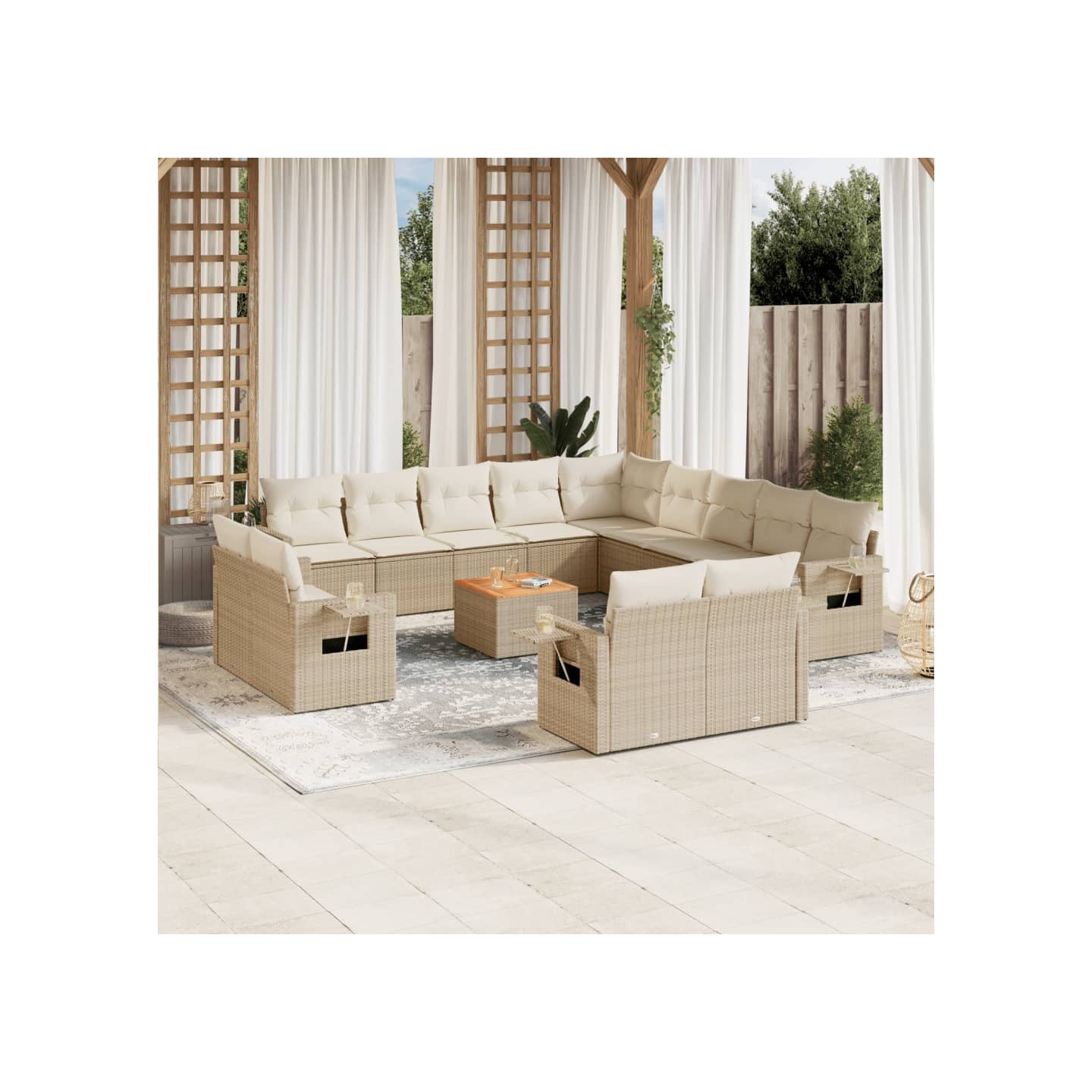 Salon de jardin avec coussins 14 pcs beige résine tressée