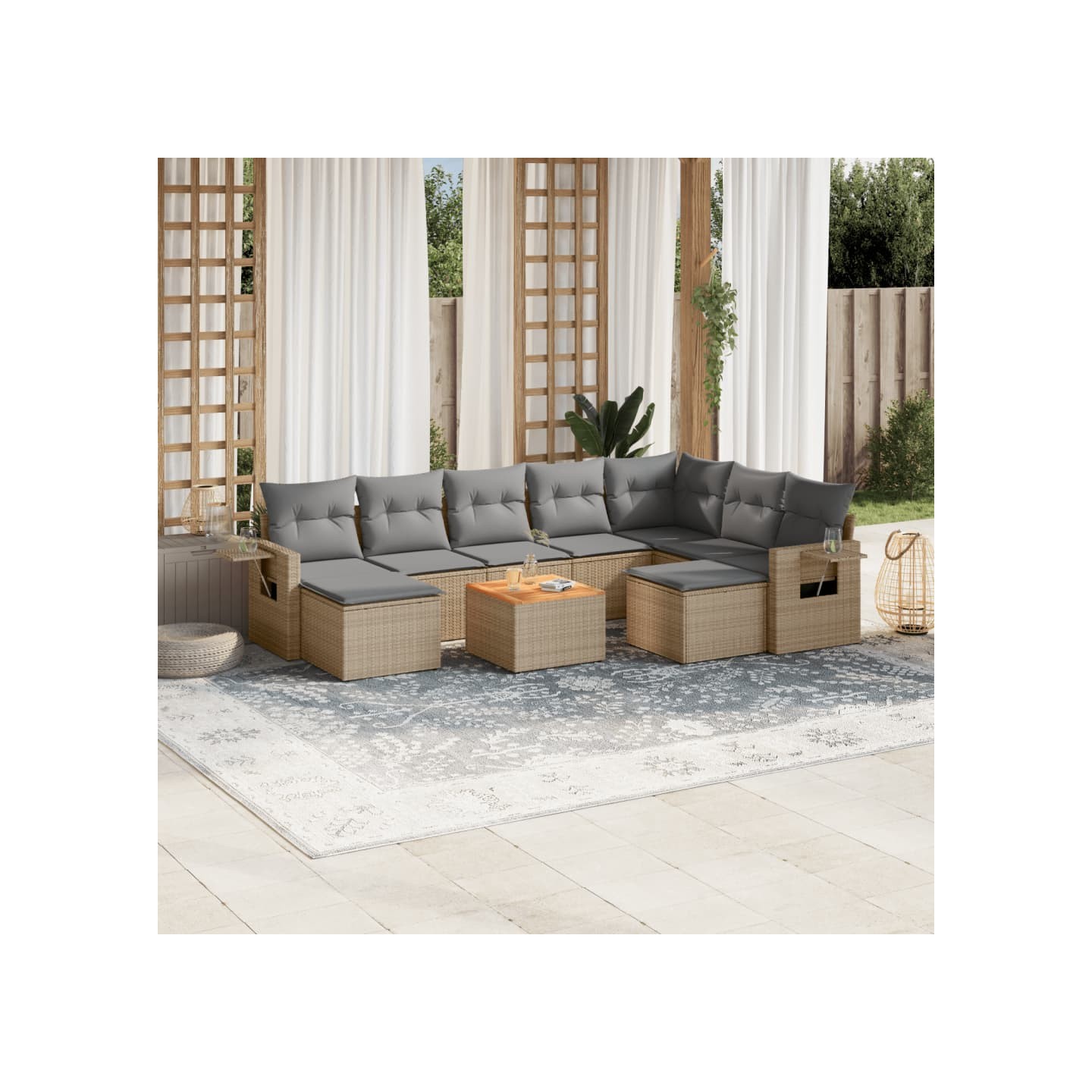 Salon de jardin avec coussins 10 pcs beige résine tressée