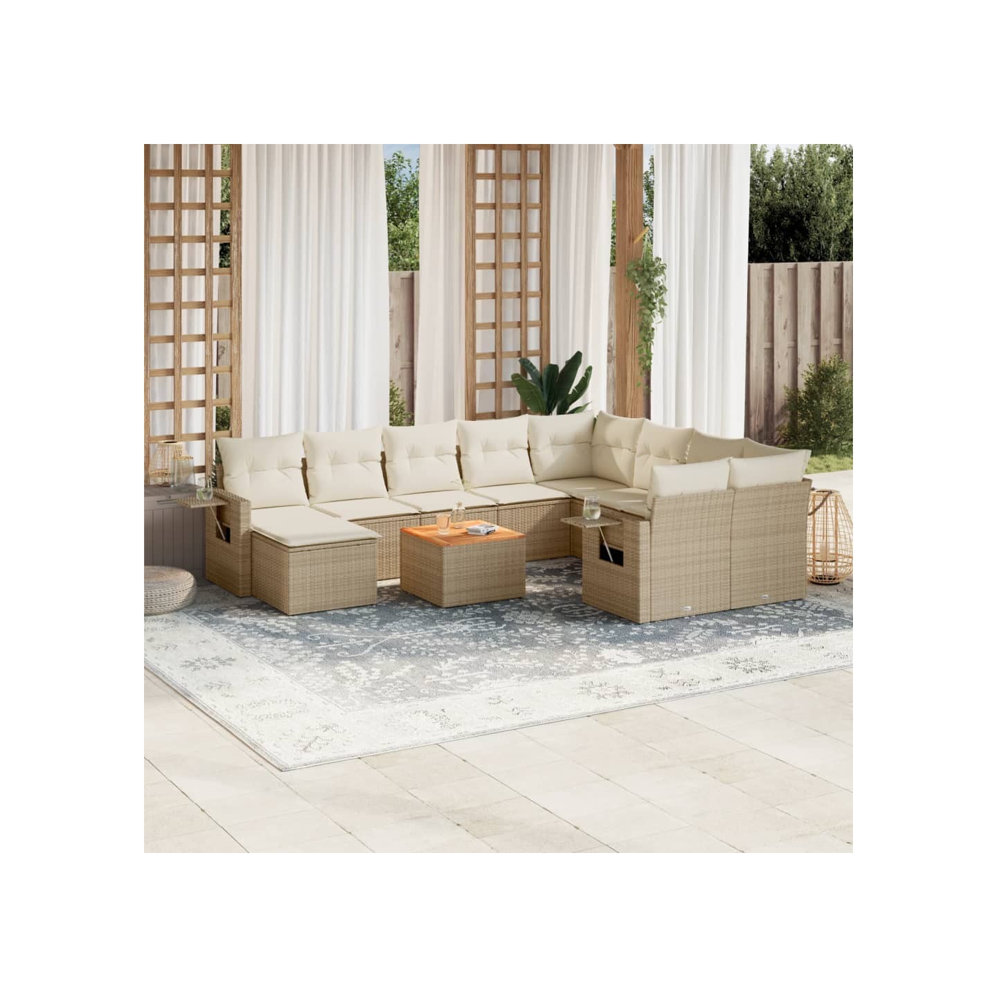 Salon de jardin 11 pcs avec coussins beige résine tressée