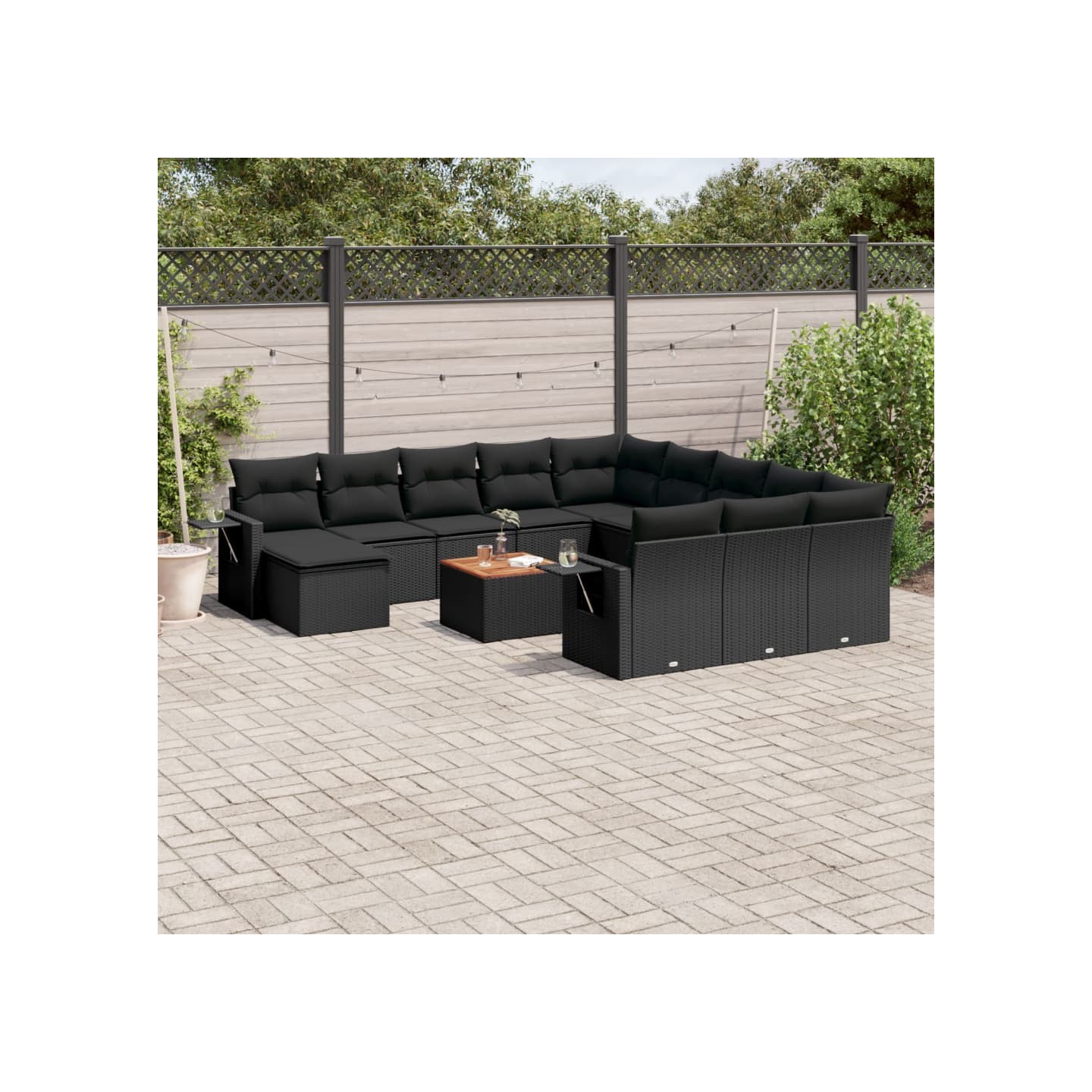 Salon de jardin avec coussins 13 pcs noir résine tressée