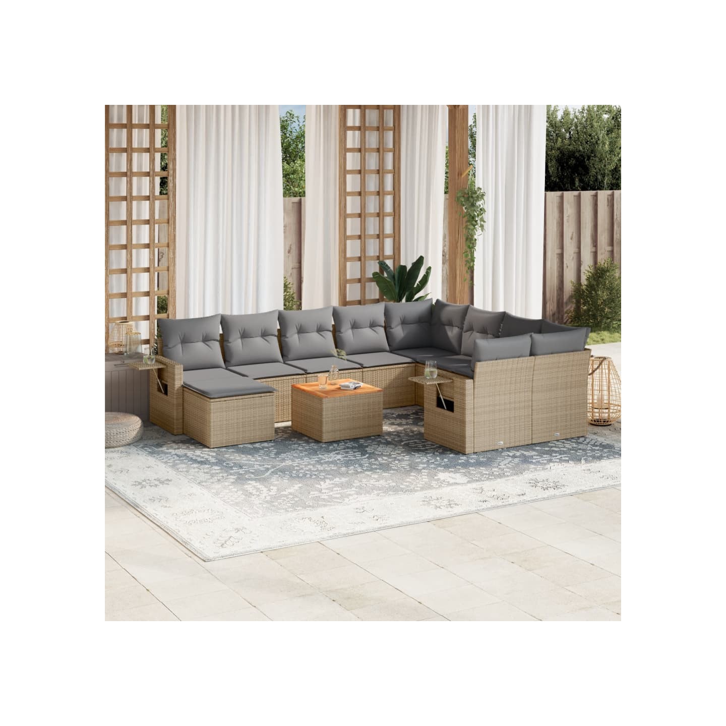 Salon de jardin 11 pcs avec coussins beige résine tressée