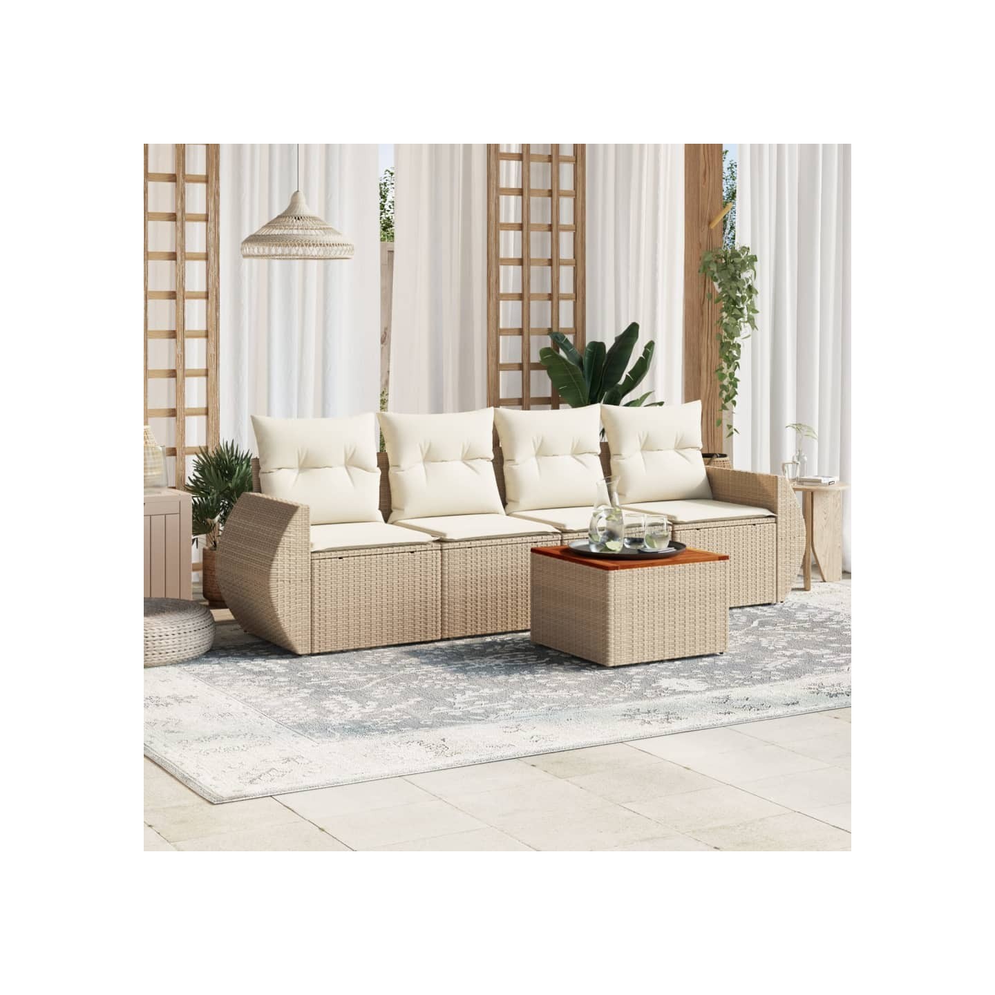 Salon de jardin avec coussins 5 pcs beige résine tressée