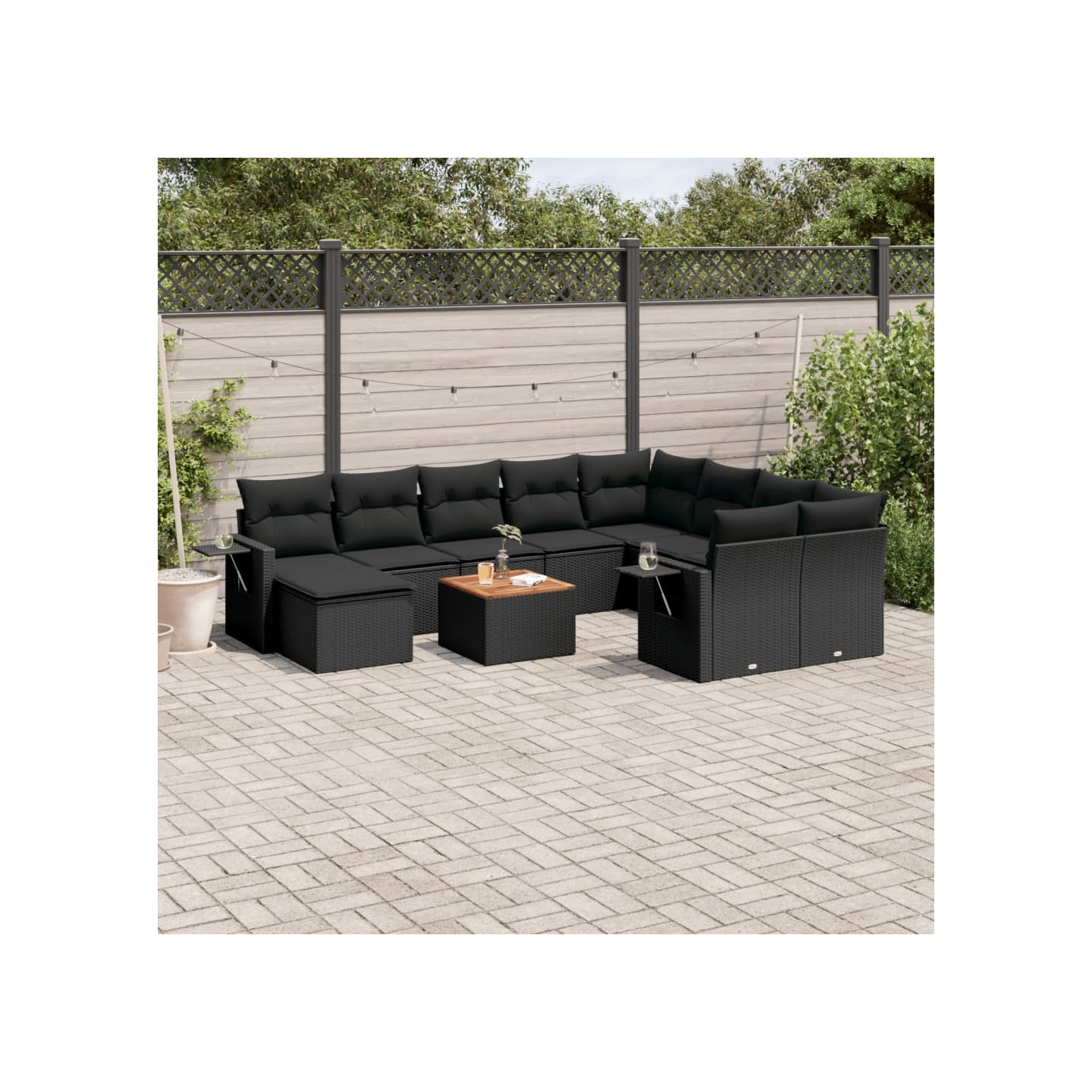 Salon de jardin 11 pcs avec coussins noir résine tressée
