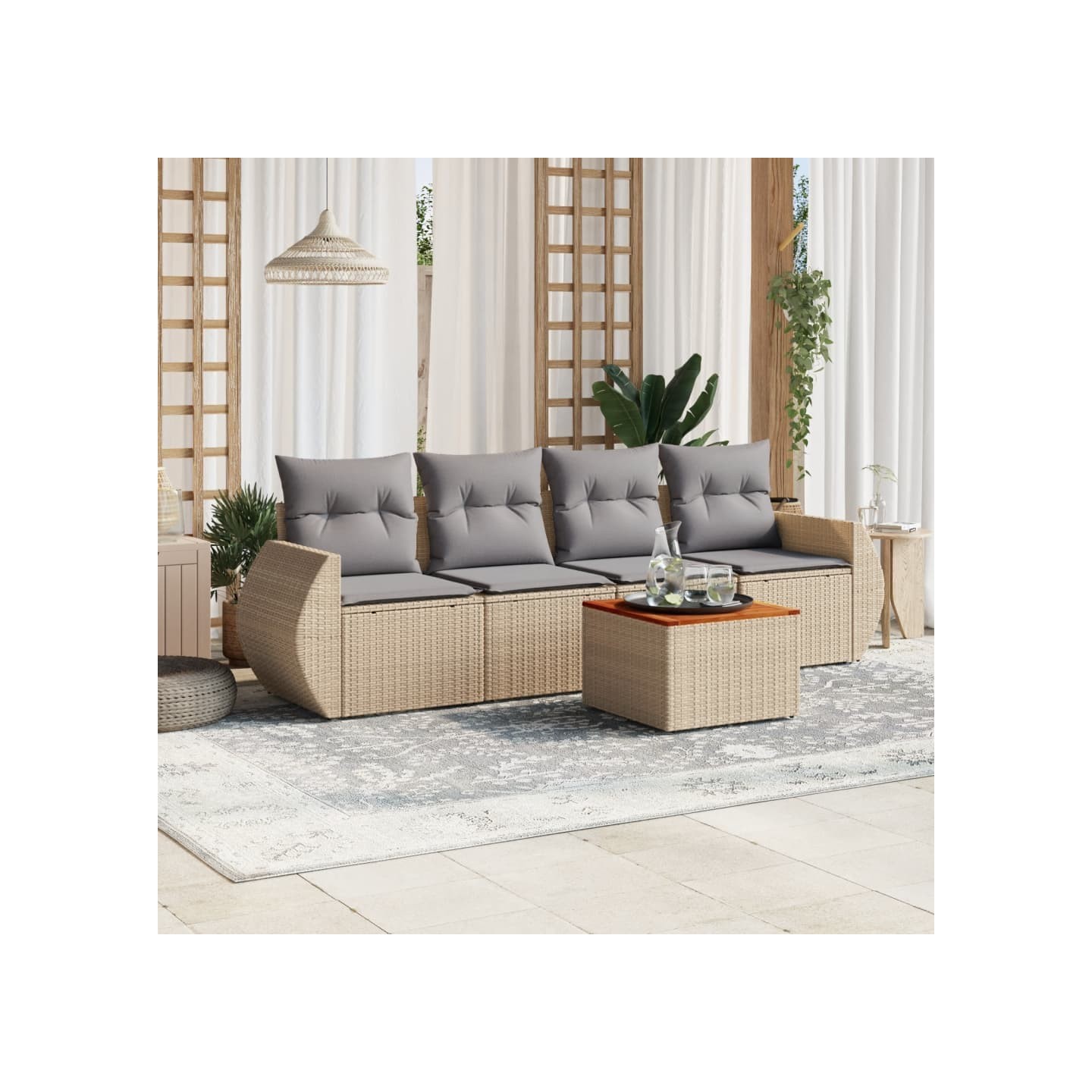 Salon de jardin avec coussins 5 pcs beige résine tressée