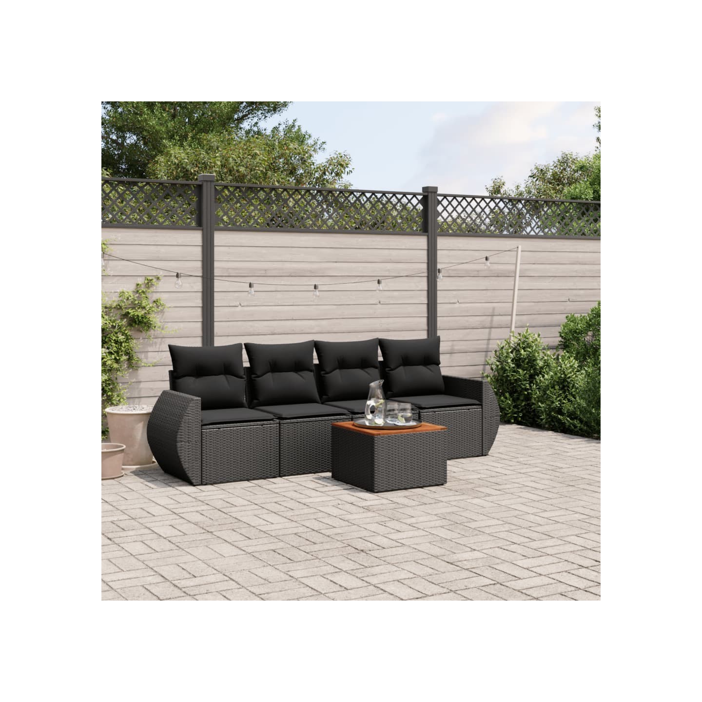 Salon de jardin 5 pcs avec coussins noir résine tressée