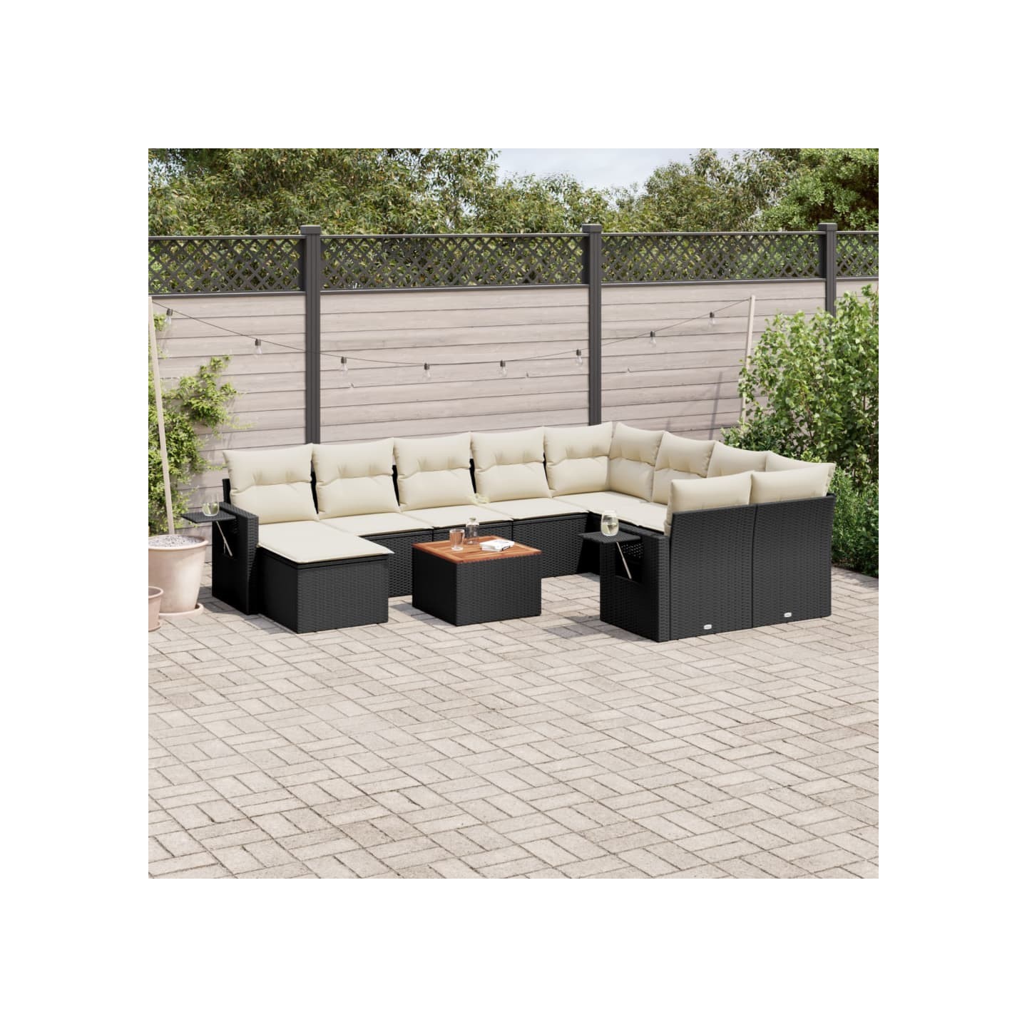Salon de jardin 11 pcs avec coussins noir résine tressée