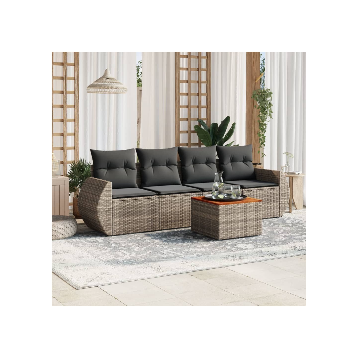 Salon de jardin 5 pcs avec coussins gris résine tressée