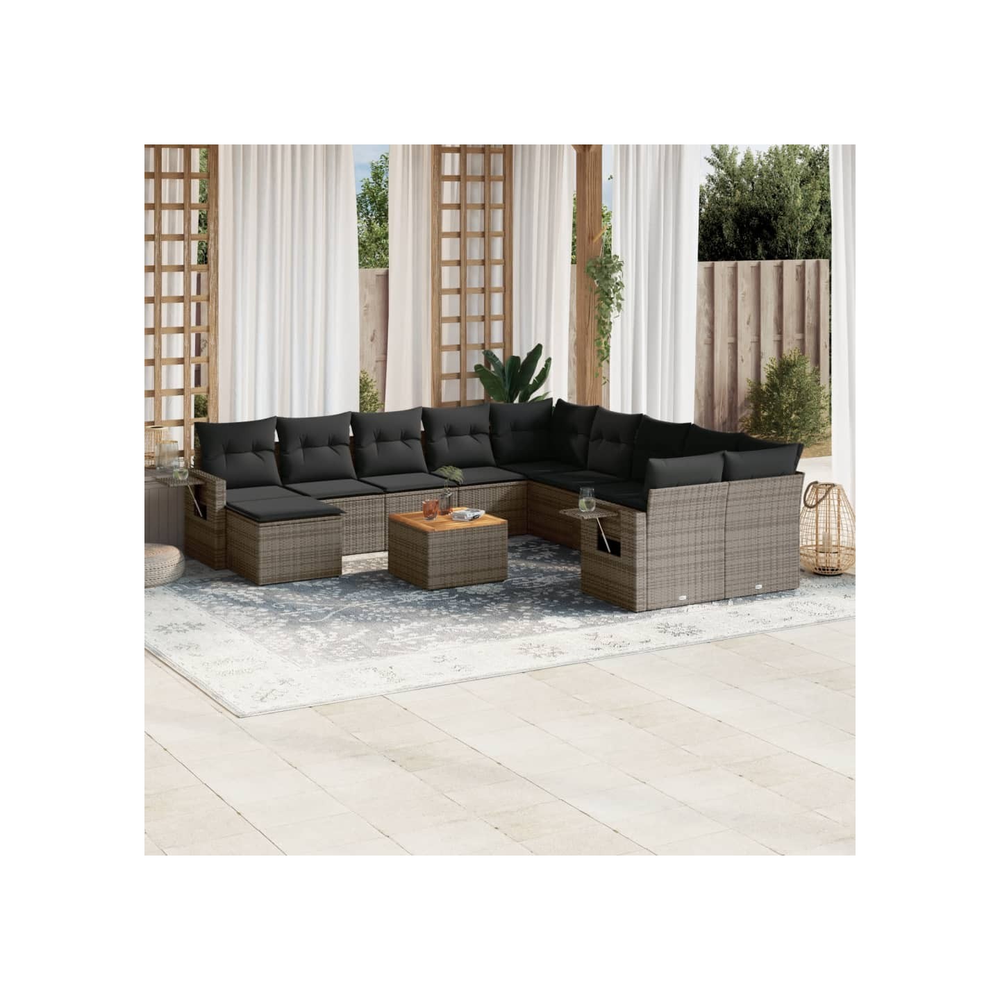 Salon de jardin avec coussins 12 pcs gris résine tressée