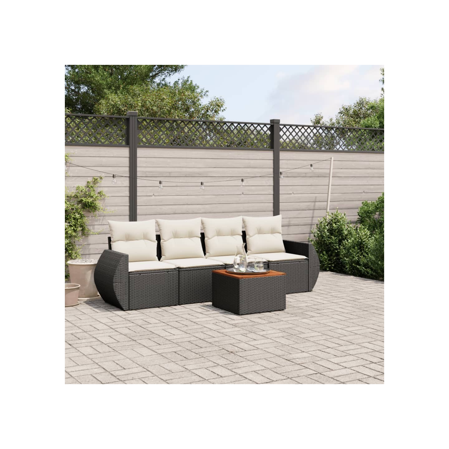 Salon de jardin 5 pcs avec coussins noir résine tressée
