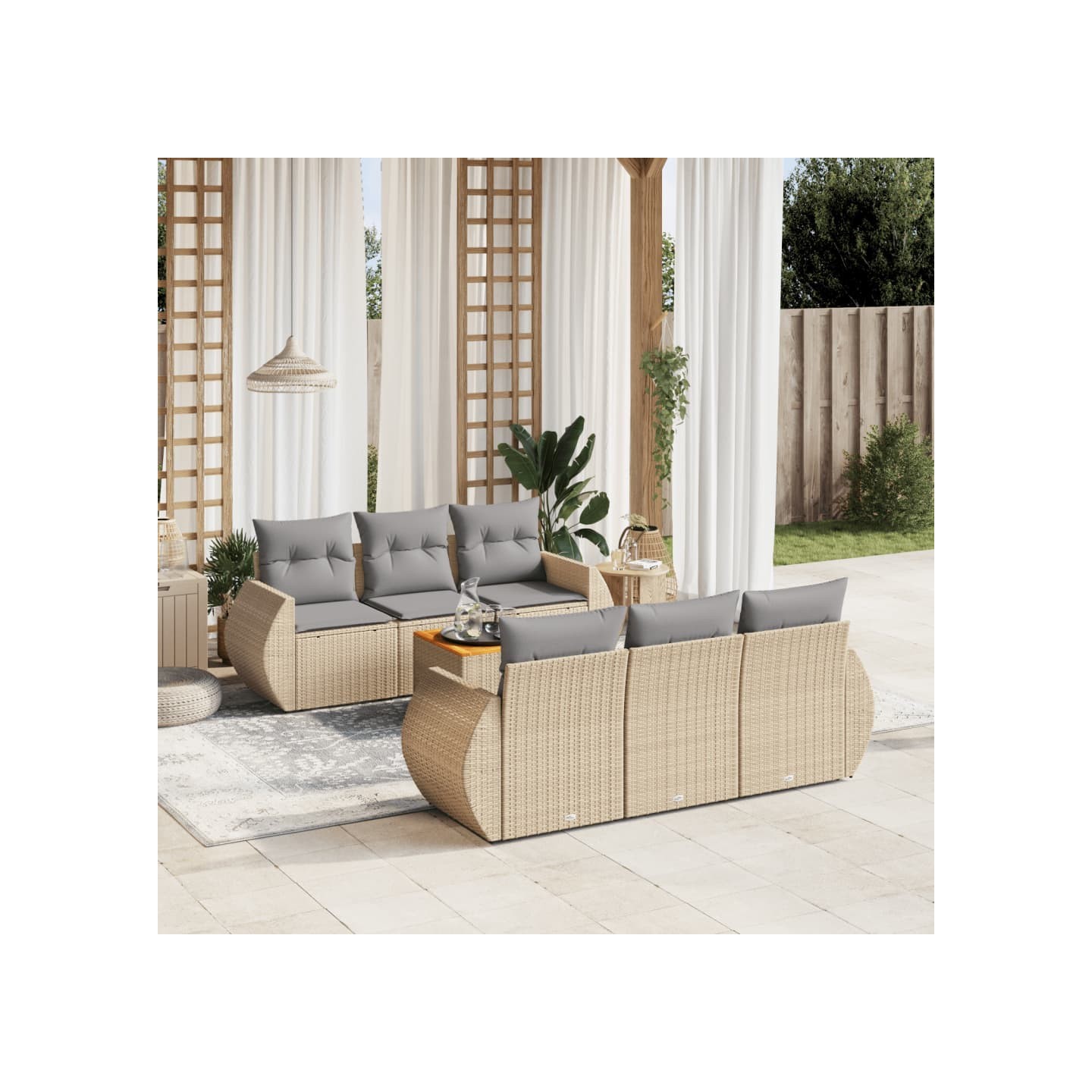 Salon de jardin avec coussins 7 pcs beige résine tressée