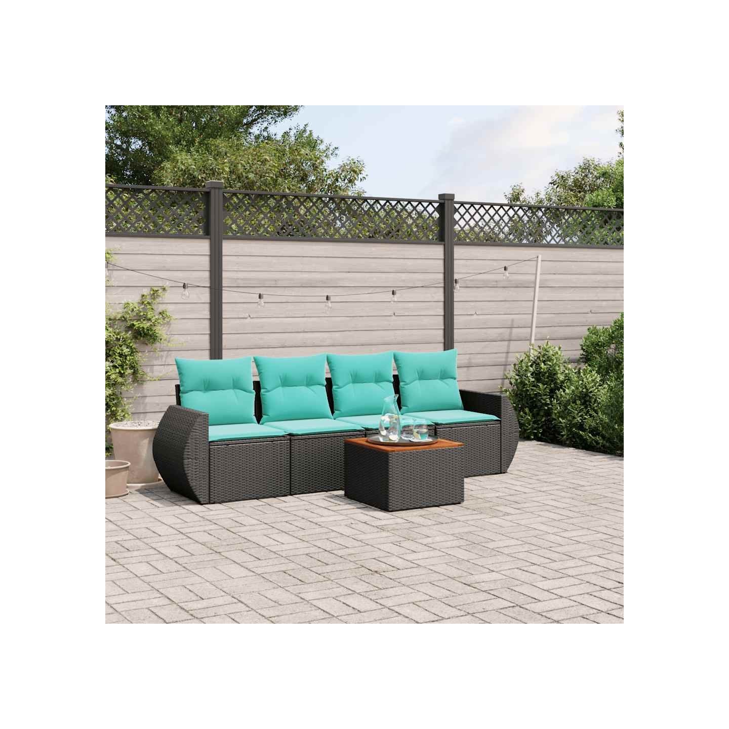 Ensemble de canapé de jardin 5 pcs avec coussins noir résine tressée