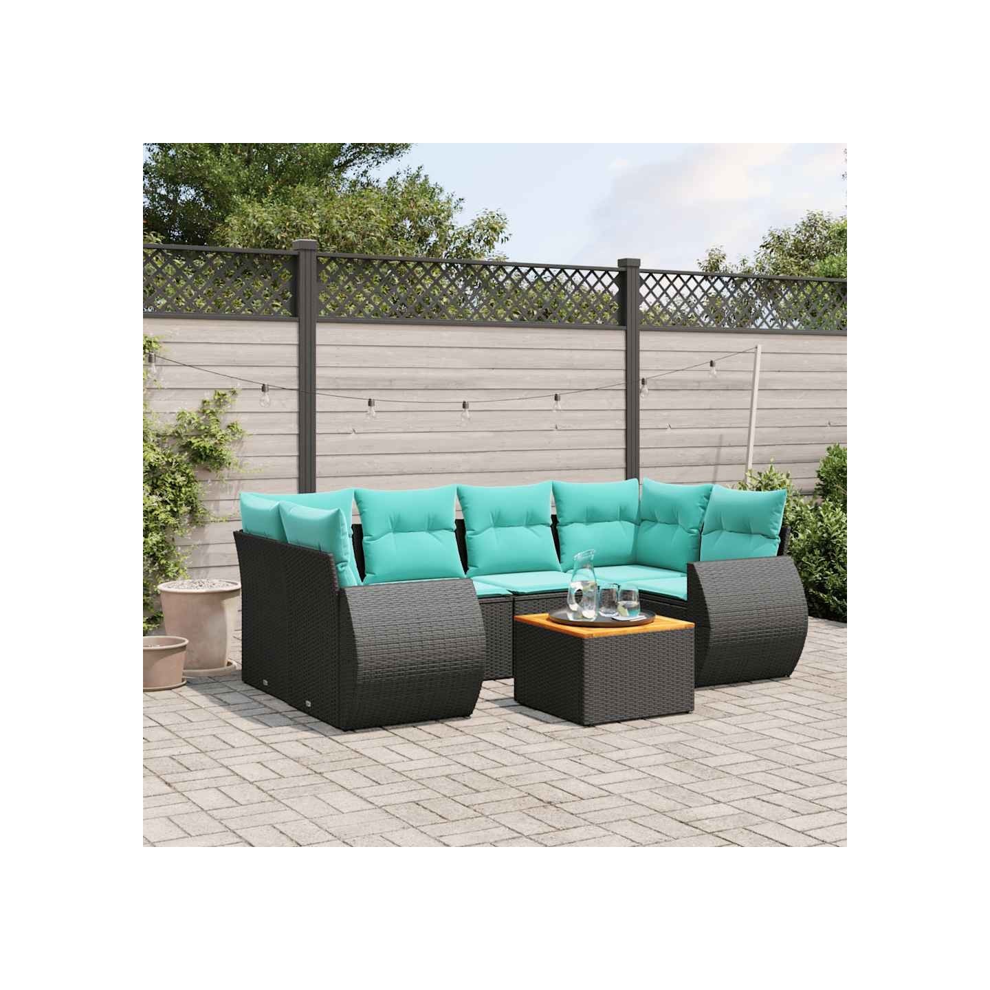 Ensemble de canapé de jardin 7 pcs avec coussins noir résine tressée