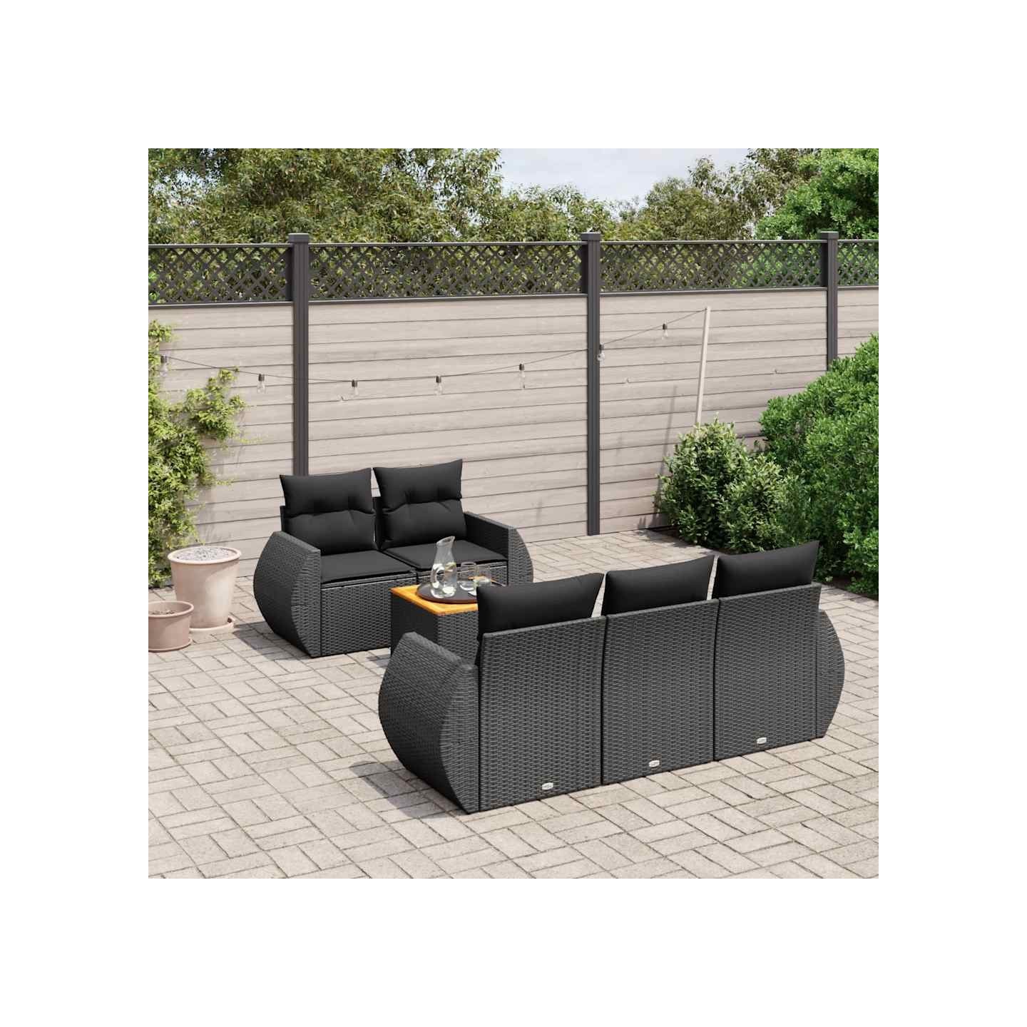 Salon de jardin 6 pcs avec coussins noir résine tressée