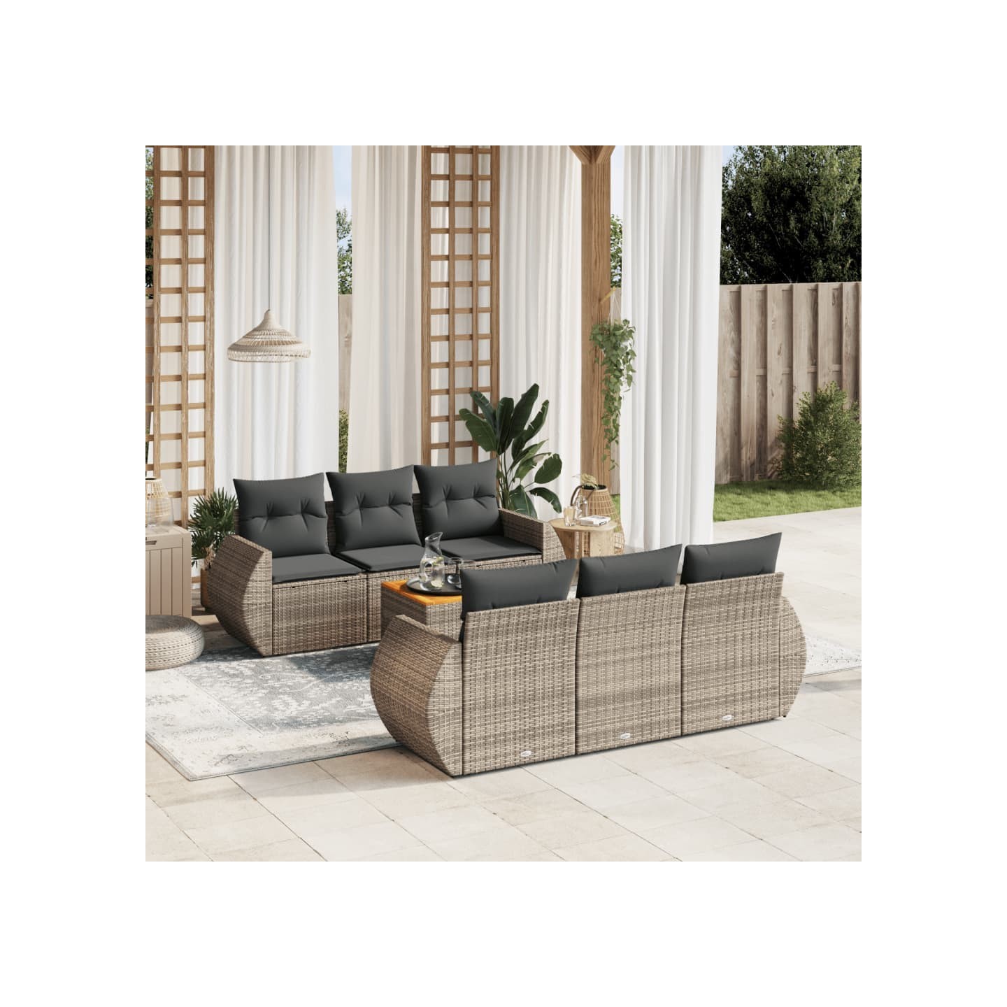 Salon de jardin avec coussins 7 pcs gris résine tressée
