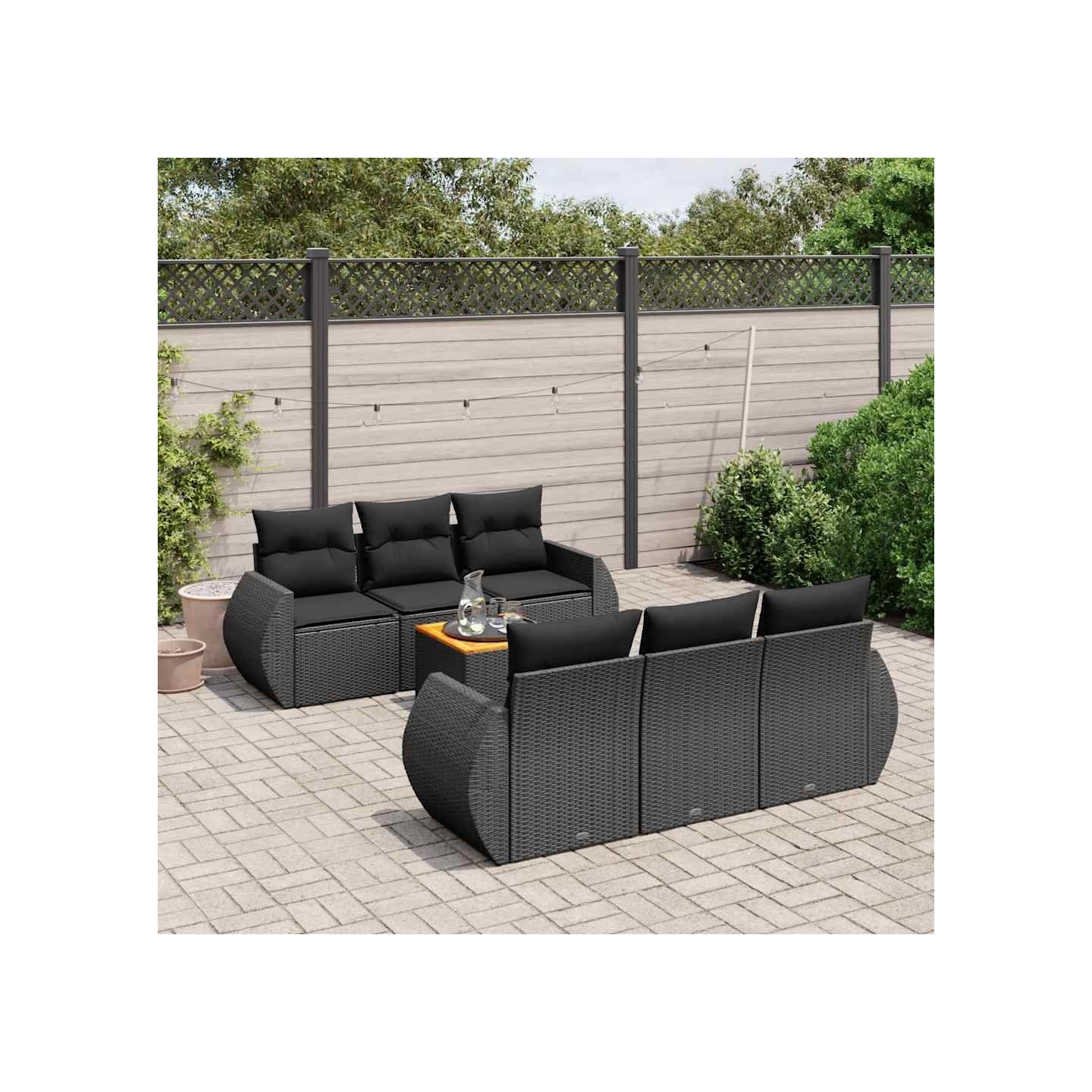 Salon de jardin 7 pcs avec coussins noir résine tressée