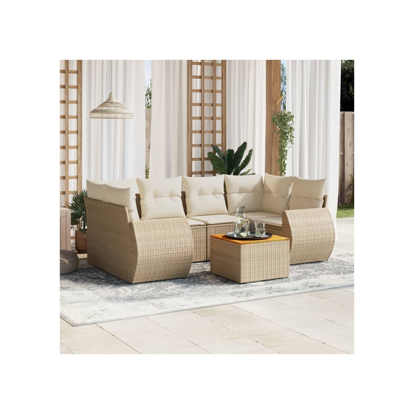 Salon de jardin avec coussins 7 pcs beige résine tressée