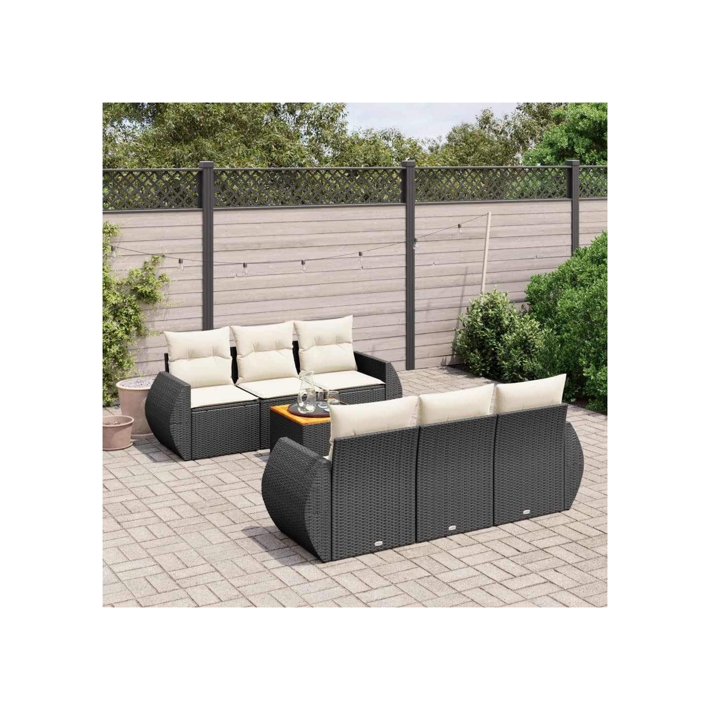 Salon de jardin 7 pcs avec coussins noir résine tressée