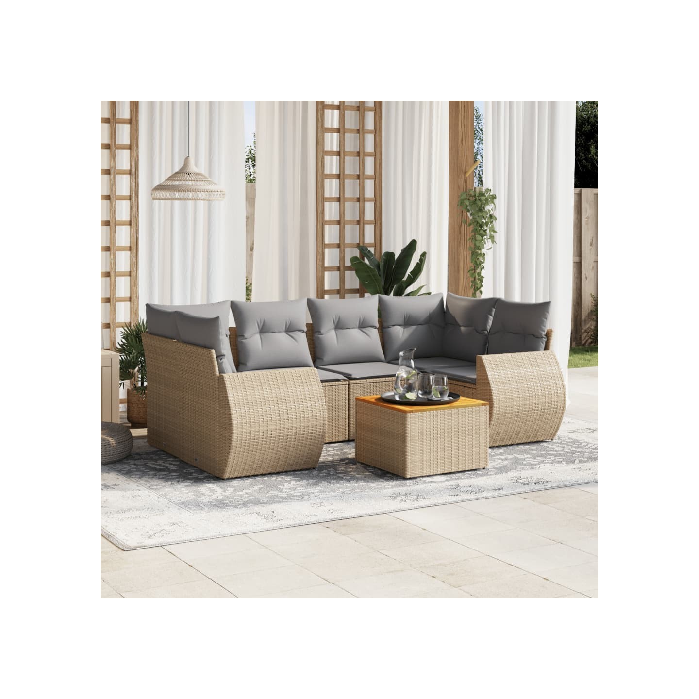 Salon de jardin avec coussins 7 pcs beige résine tressée