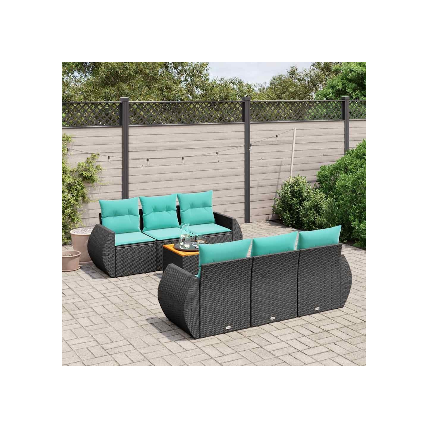 Ensemble de canapé de jardin 7 pcs avec coussins noir résine tressée