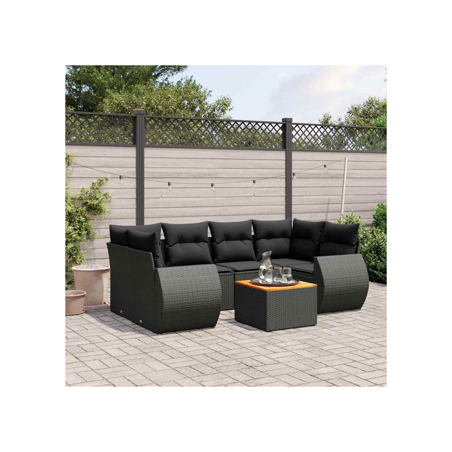 Salon de jardin 7 pcs avec coussins noir résine tressée