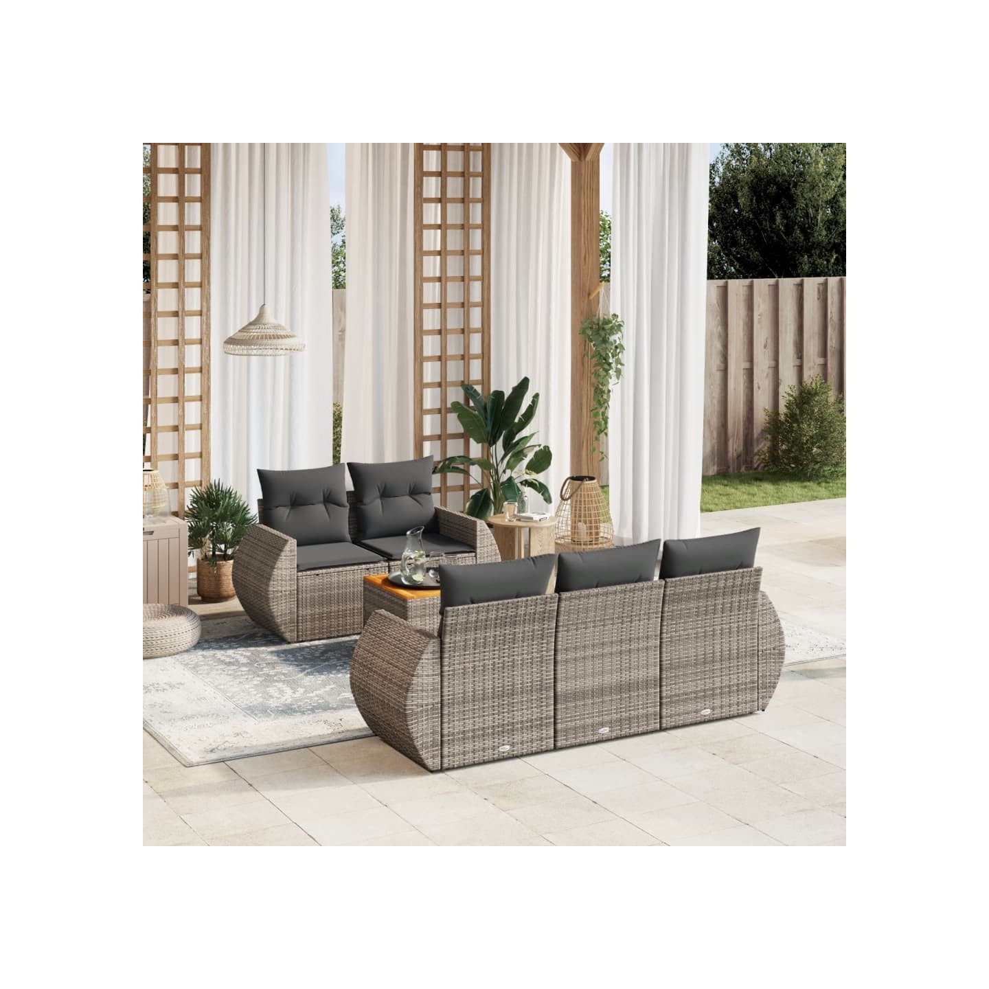 Salon de jardin 6 pcs avec coussins gris résine tressée