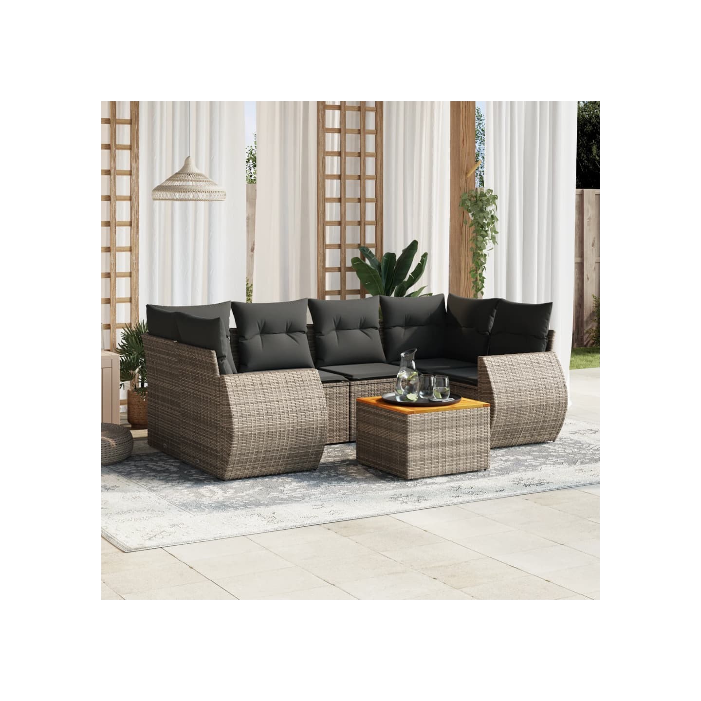 Salon de jardin avec coussins 7 pcs gris résine tressée