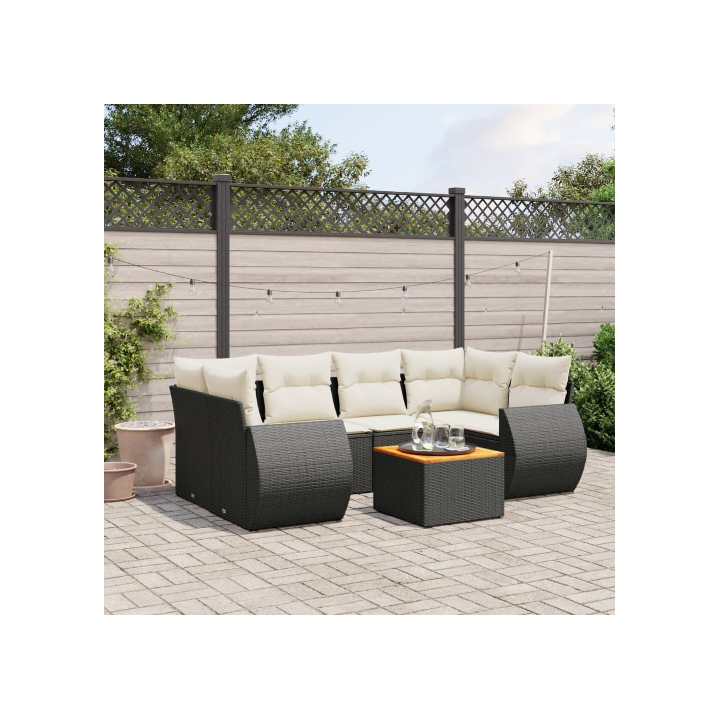 Salon de jardin 7 pcs avec coussins noir résine tressée