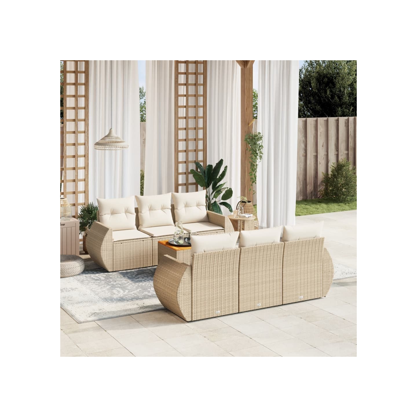 Salon de jardin avec coussins 7 pcs beige résine tressée