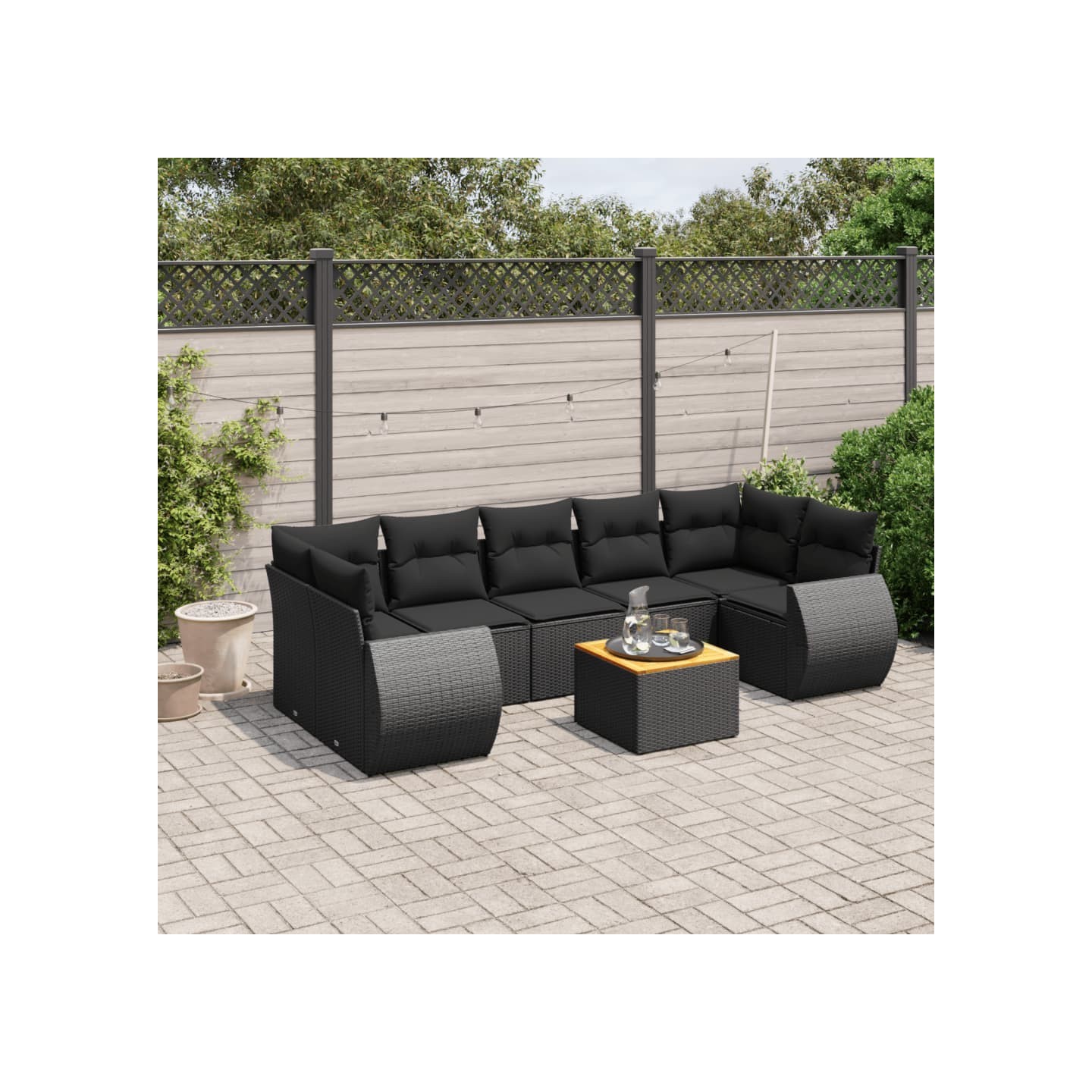 Salon de jardin 8 pcs avec coussins noir résine tressée