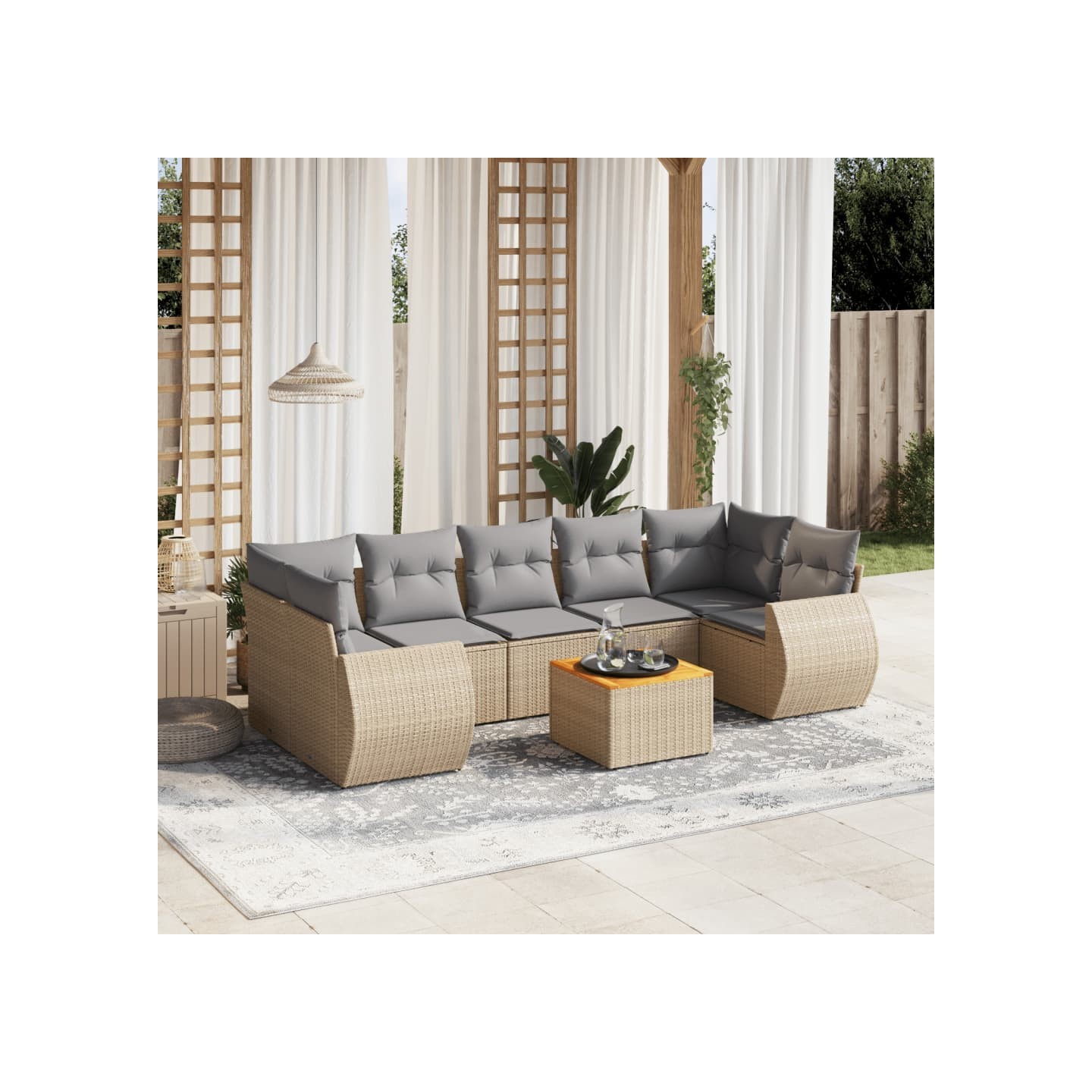 Salon de jardin avec coussins 8 pcs beige résine tressée