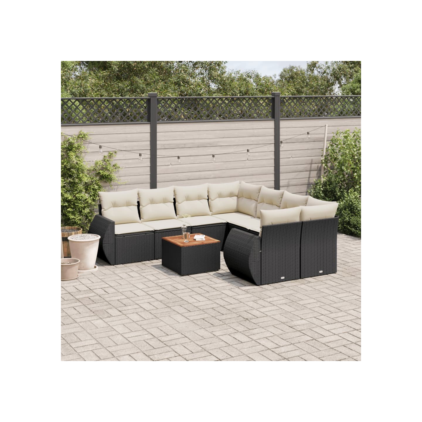 Salon de jardin 9 pcs avec coussins noir résine tressée