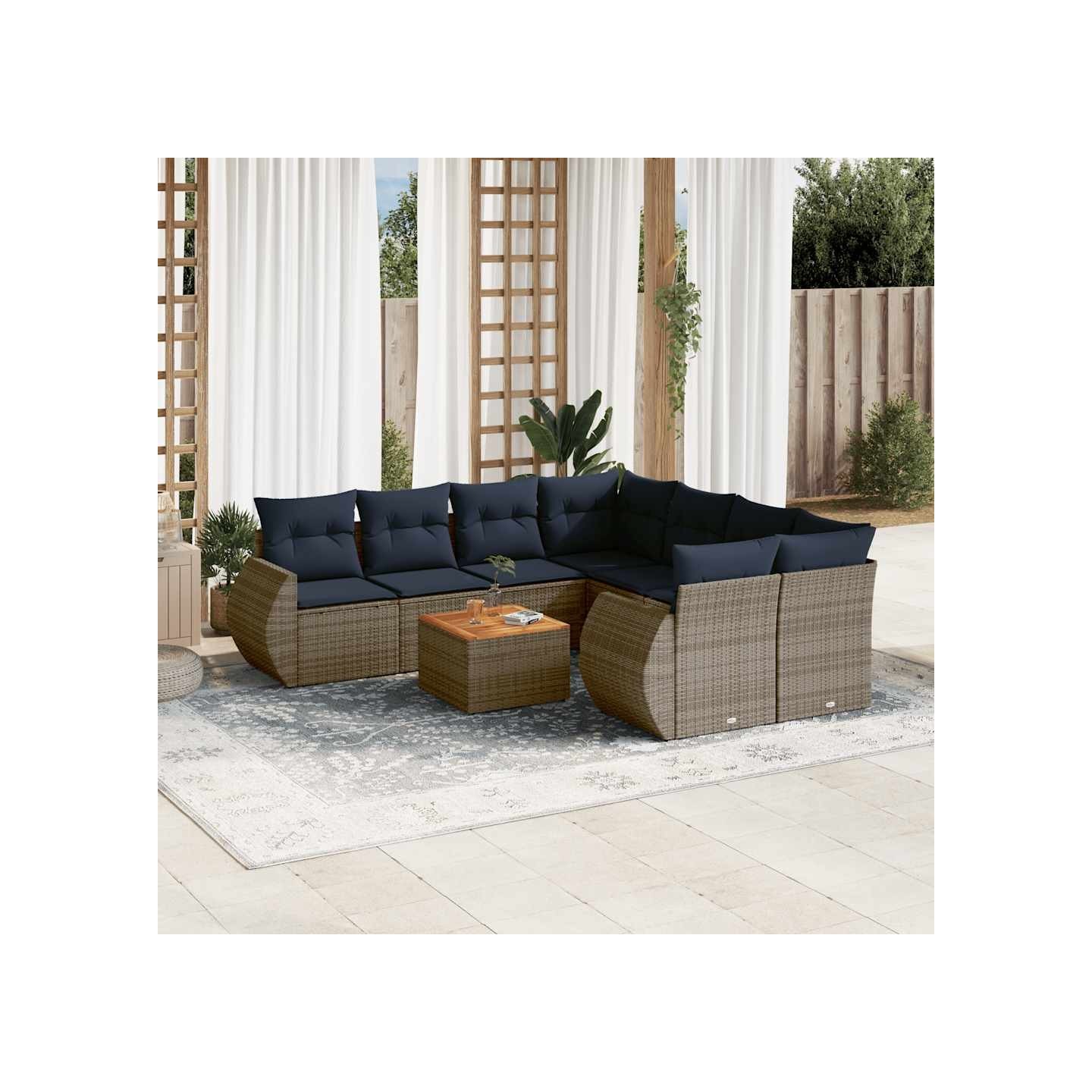 Ensemble de canapé de jardin 9 pcs avec coussins gris résine tressée