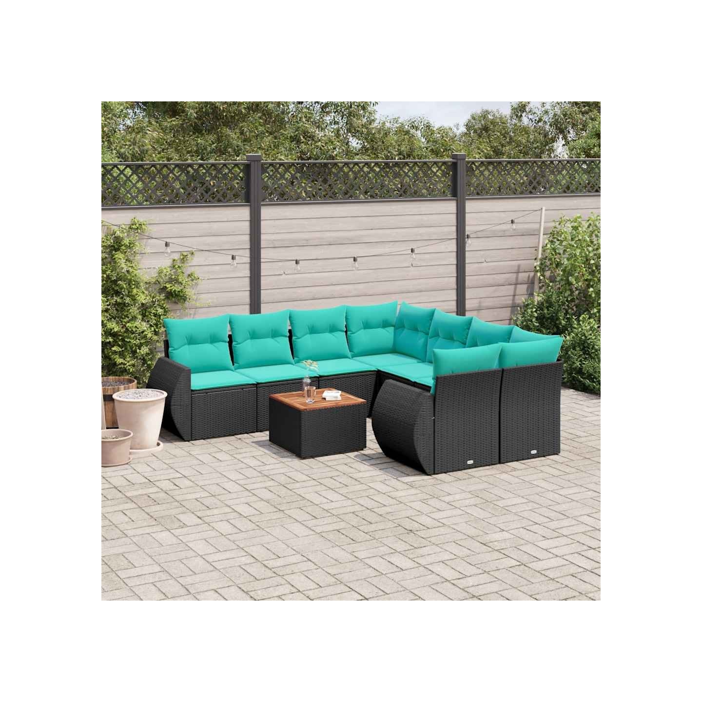 Ensemble de canapé de jardin 9 pcs avec coussins noir résine tressée