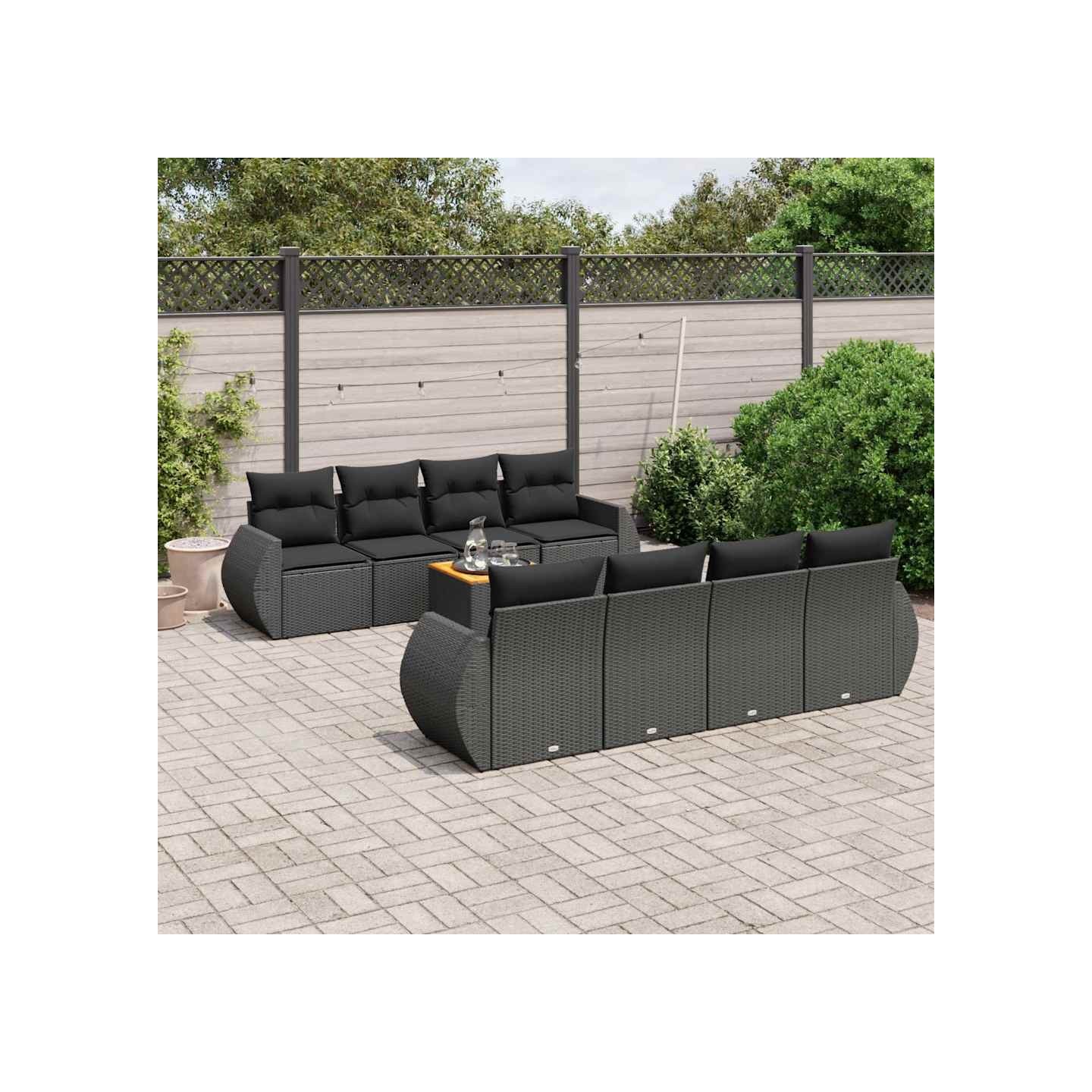 Salon de jardin 9 pcs avec coussins noir résine tressée