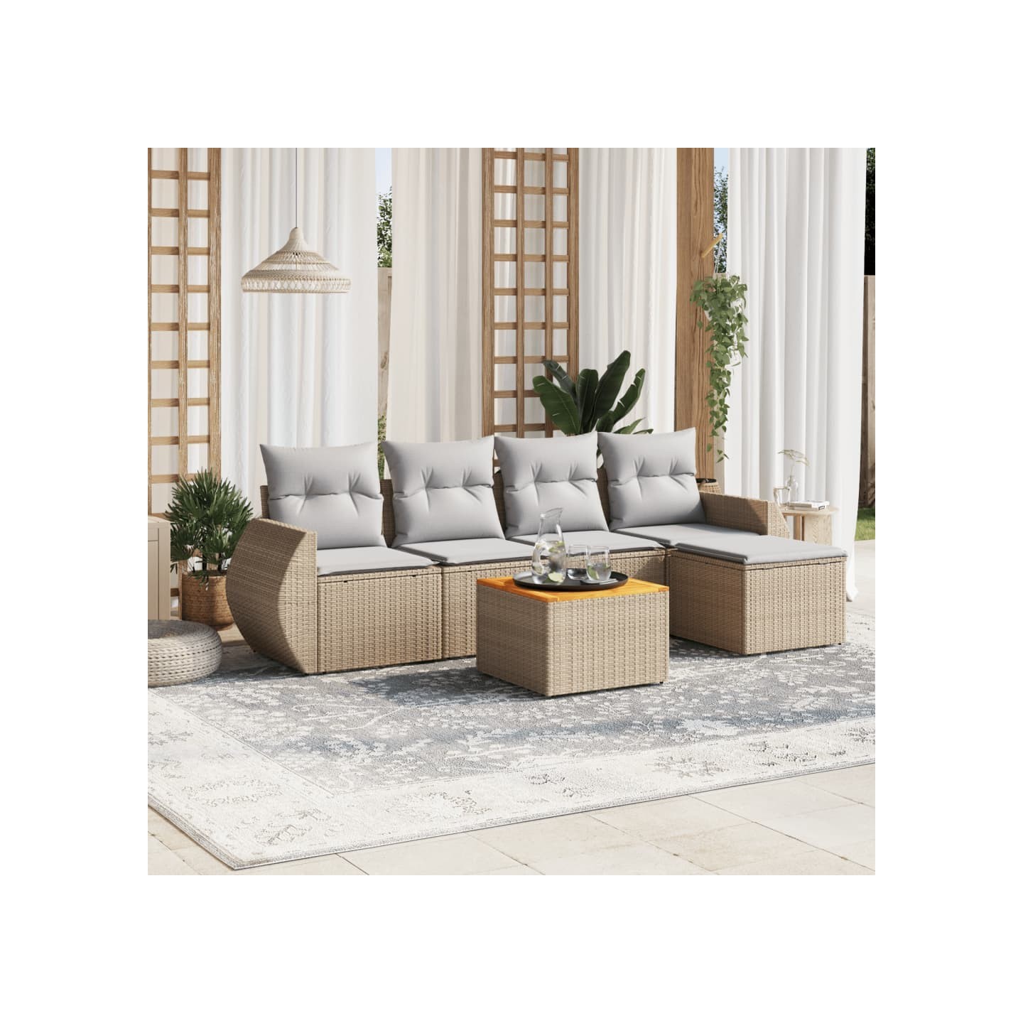 Salon de jardin avec coussins 6 pcs beige résine tressée