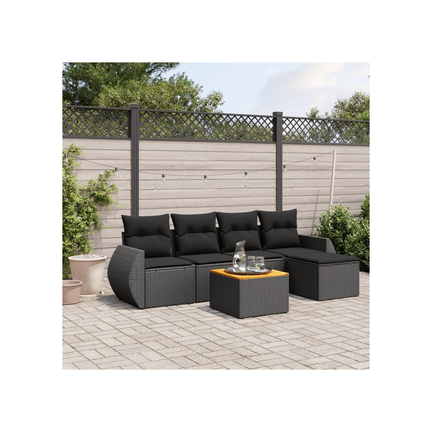 Salon de jardin 6 pcs avec coussins noir résine tressée