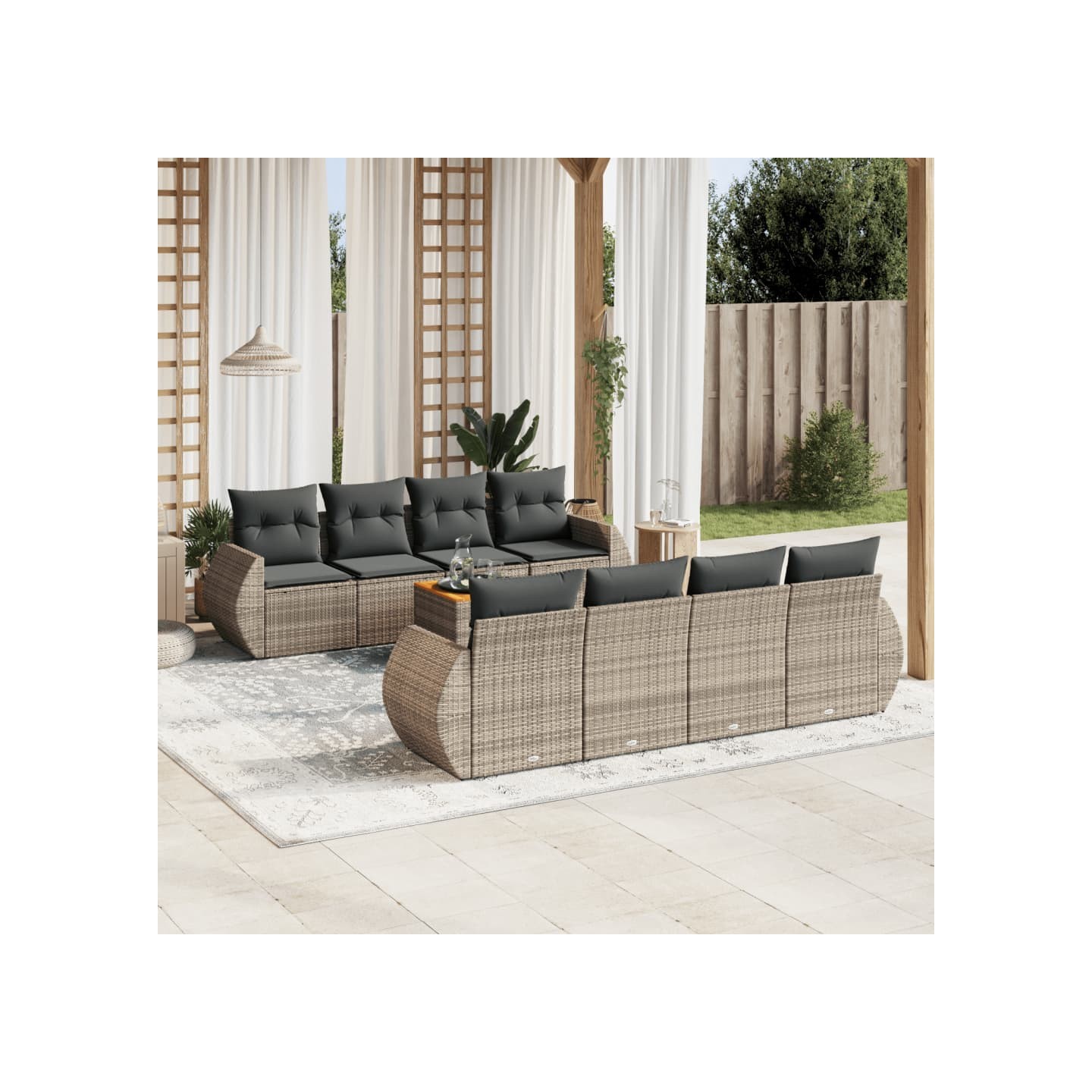 Salon de jardin 9 pcs avec coussins gris résine tressée
