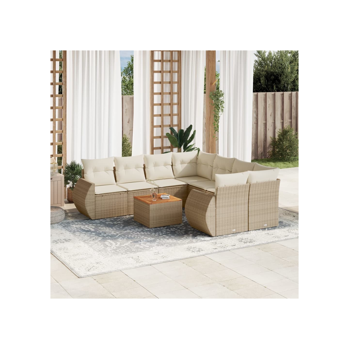 Salon de jardin avec coussins 9 pcs beige résine tressée