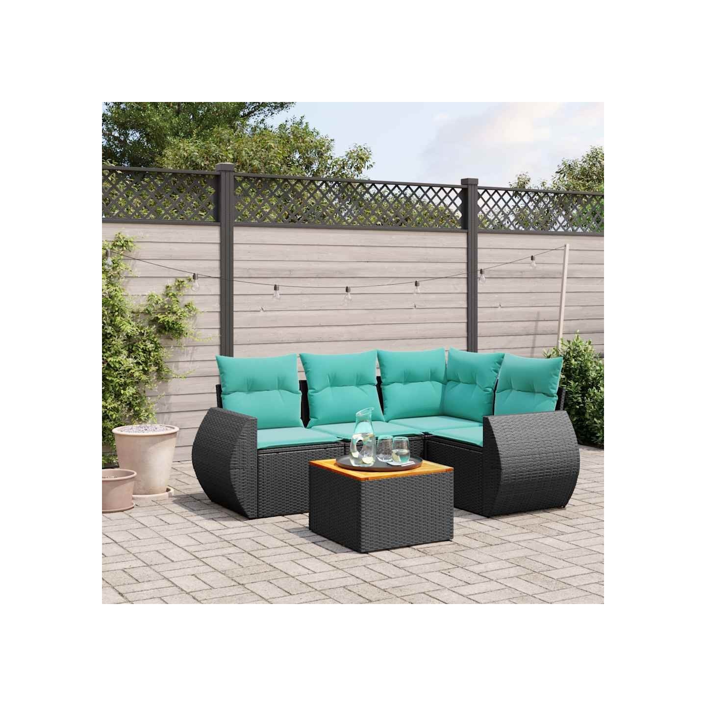 Ensemble de canapé de jardin 5 pcs avec coussins noir résine tressée