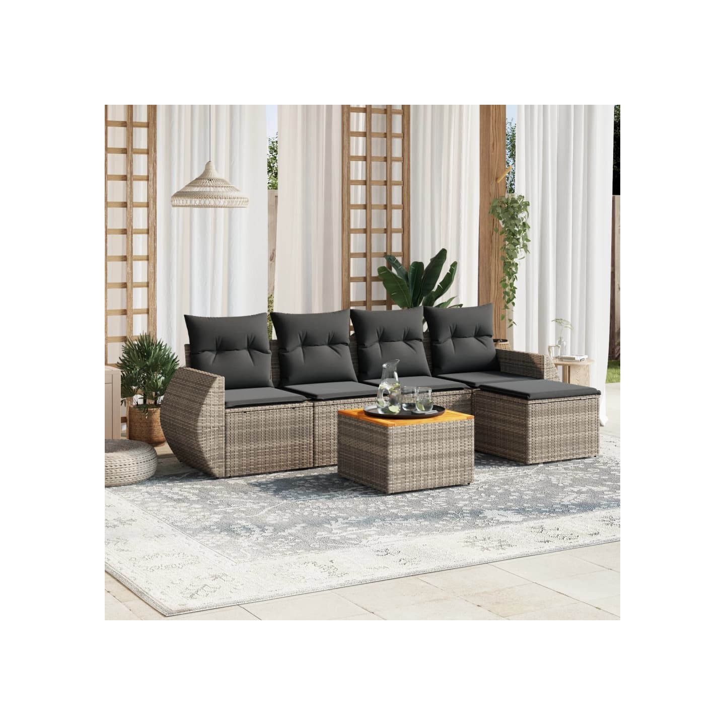 Salon de jardin 6 pcs avec coussins gris résine tressée