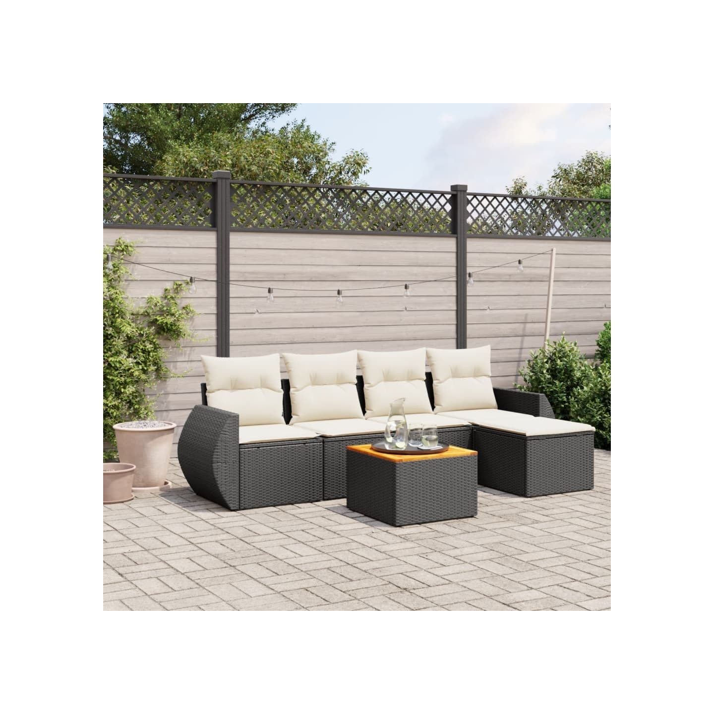 Salon de jardin 6 pcs avec coussins noir résine tressée