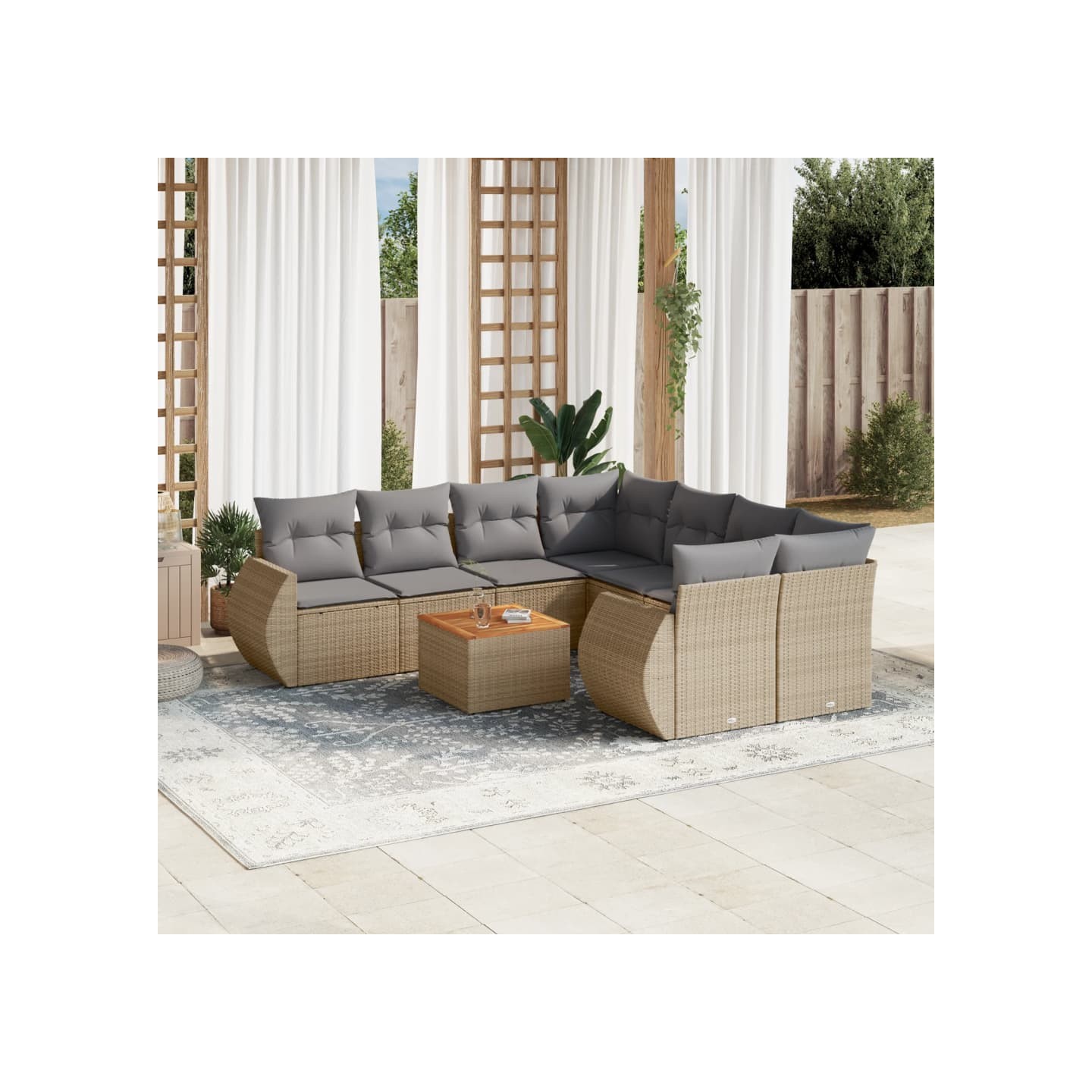 Salon de jardin avec coussins 9 pcs beige résine tressée